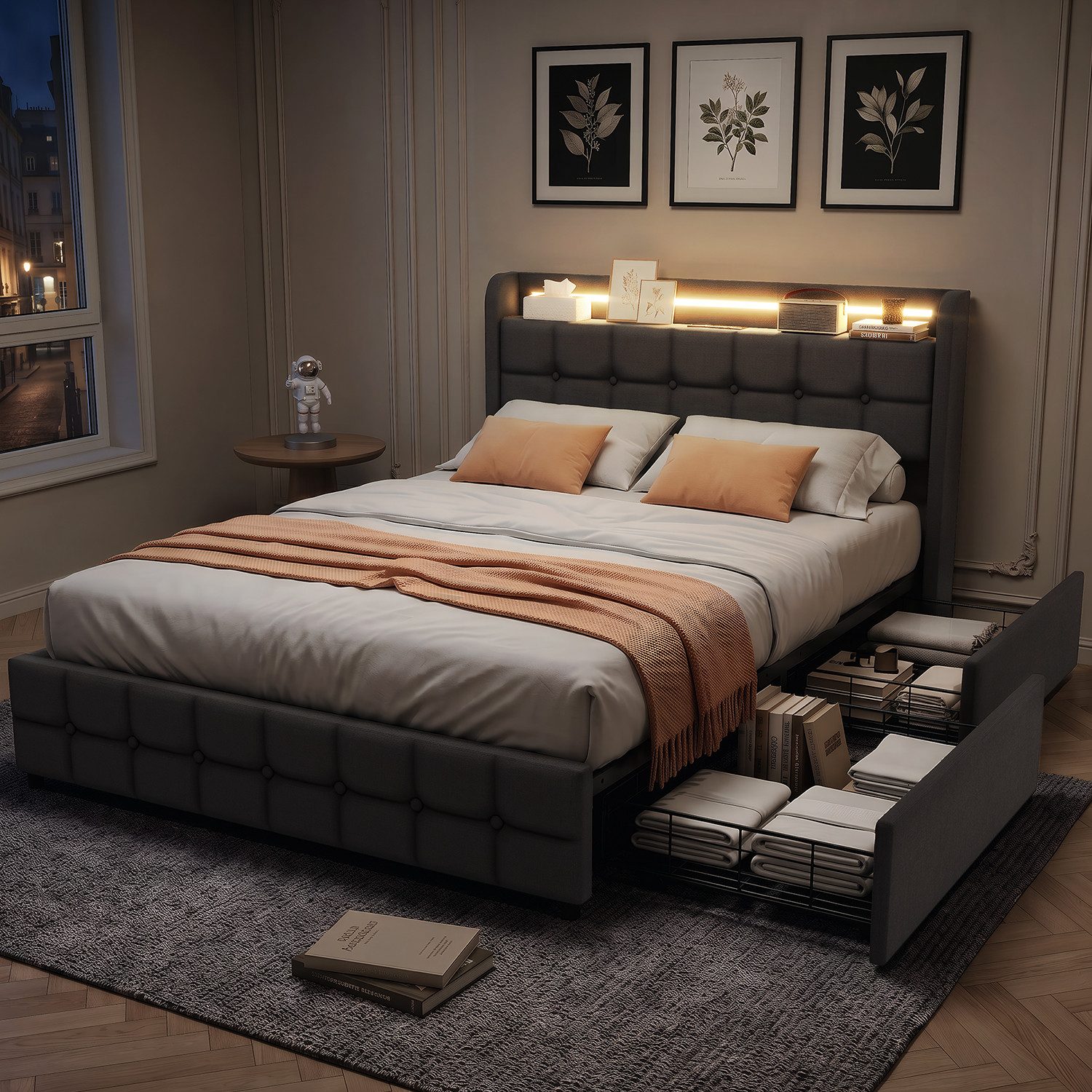 oyajia Polsterbett LED Doppelbett 140x200cm mit 2 Schubladen und Ladefunktion Polsterbett (Einzelbett Bettgestell mit Kopfteil und Lattenrost, Leinen Polsterbet – Bild 2 von 5