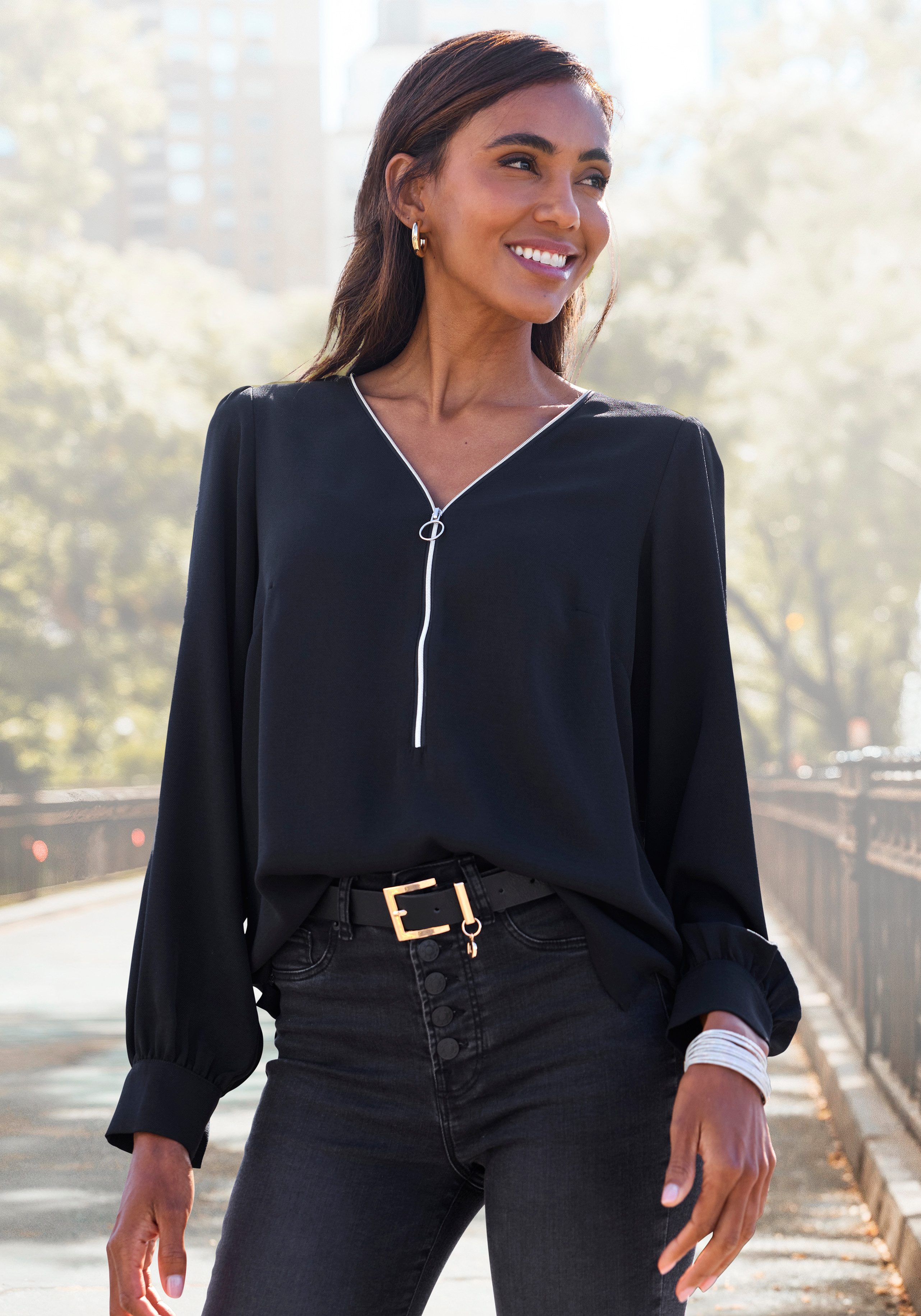 LASCANA Langarmbluse mit Reißverschlussdetail vorn elegante Damenbluse, lockeres Blusenshirt, Business-Look, festlich