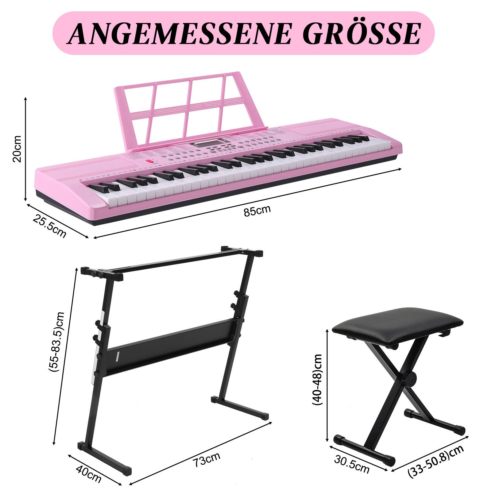 VINGLI Digitalpiano 61-Tasten Keyboard Piano Set mit Klavierständer, Klavierhocker, tragbar, LED-Bildschirm, 3 Lehrmodi, Schwarz/Weiß/Rosa – Bild 2 von 5
