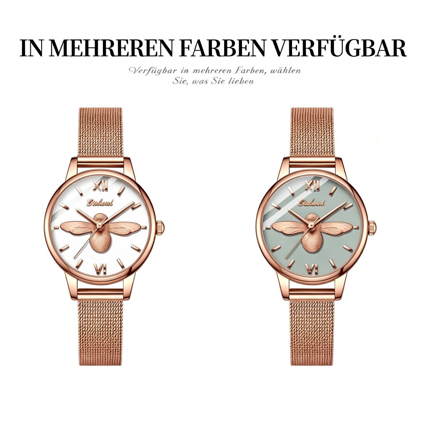 ibettertec Quarzuhr Damen Armbanduhr, Elegante Quarzuhr mit 3D Bienen-Motiv Bienen Motiv Uhr, Zarte Roségold Uhr mit grauem Zifferblatt, ideal für Alltag, Büro und als Geschenk, Mineralglas, Edelstahlarmband,30M Wasserdicht & Mesh-Armband