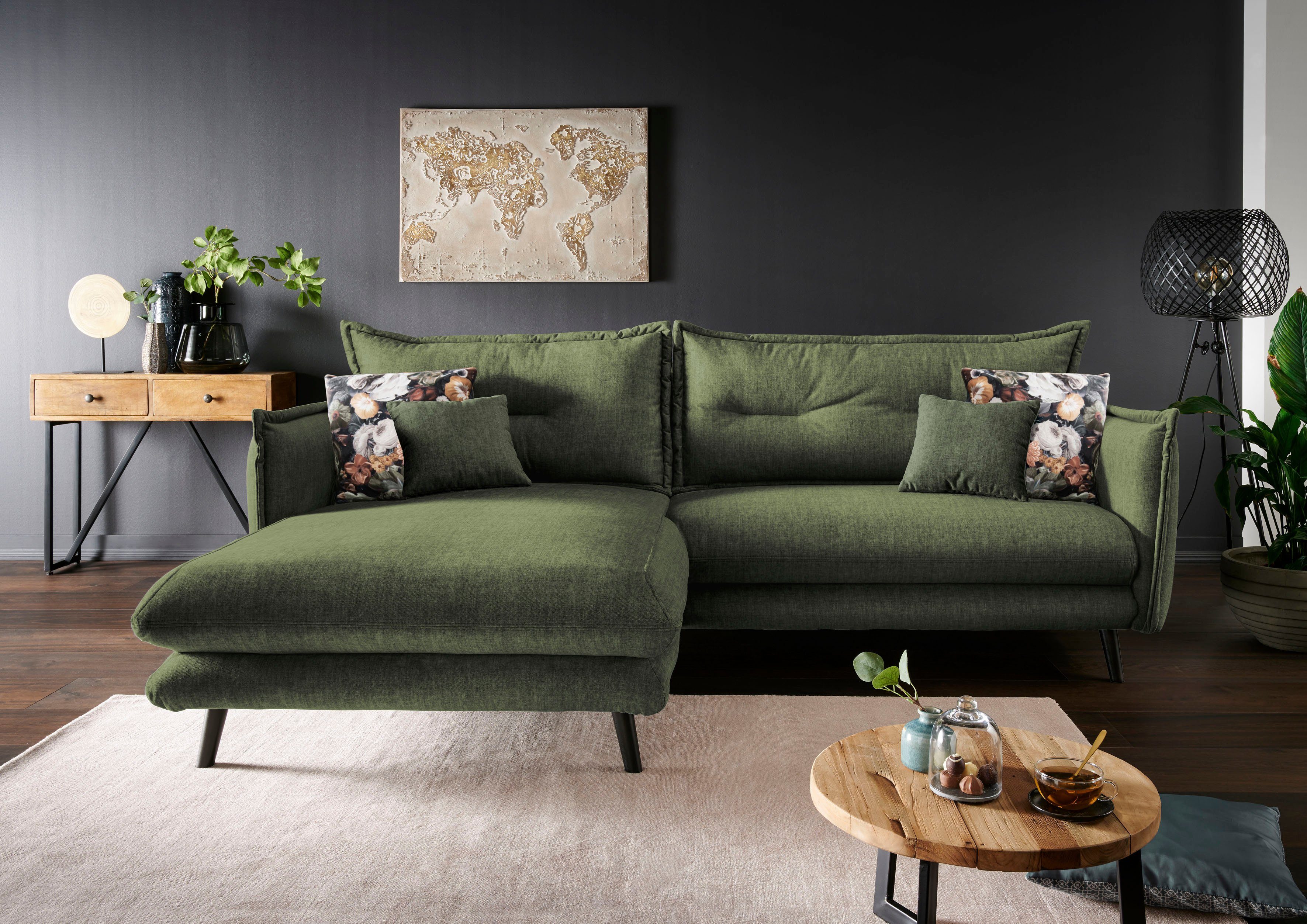 Home affaire Ecksofa Lazio, 255 x 180 cm, modern und bequem, Velours, Kissen: Microfaser, L-Form, inkl. Rücken- und Zierkissen