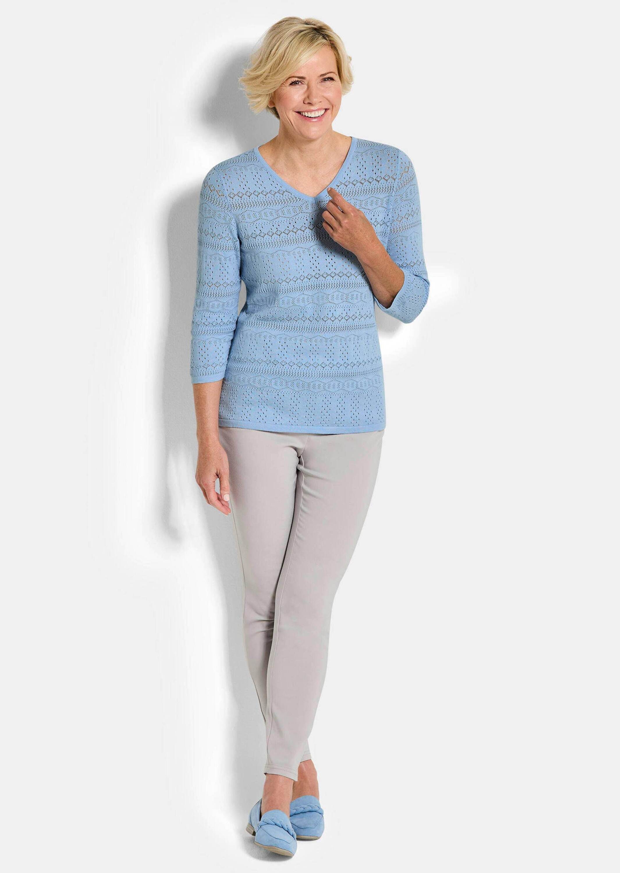 GOLDNER Strickpullover Kurzgröße: Sommerpullover mit V-Ausschnitt Baumwollpullover mit Ajourmuster, V-Ausschnitt und 3/4-Ärmeln