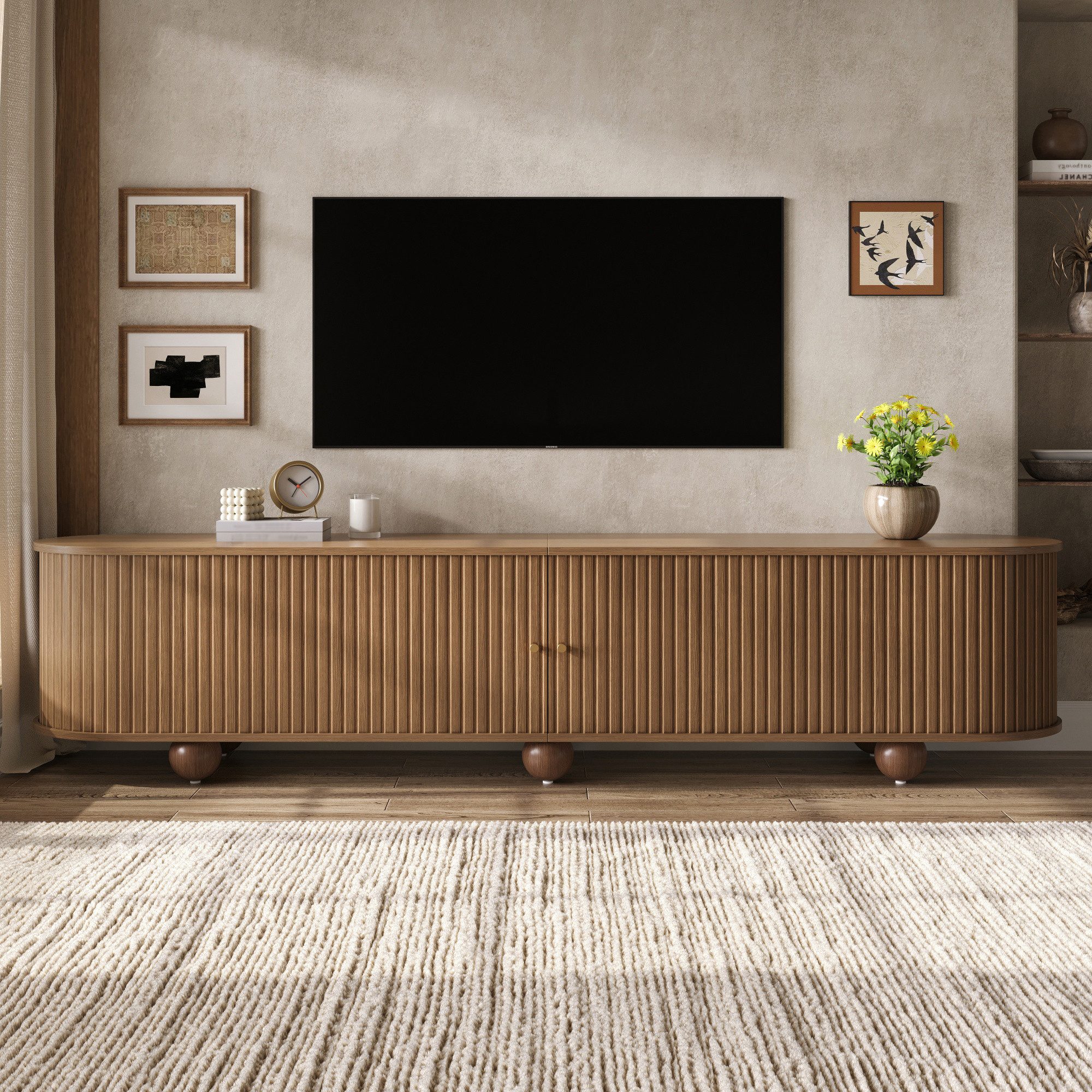 BlingBin TV-Schrank 180x35x45 cm Rundungen TV Lowboard, Fernsehschrank (1er Set, 1-St., Gewichtskapazität: 30kg) TV Möbel mit vertikal geriffelte Schiebetüren für Wohnzimmer, Nussbaum