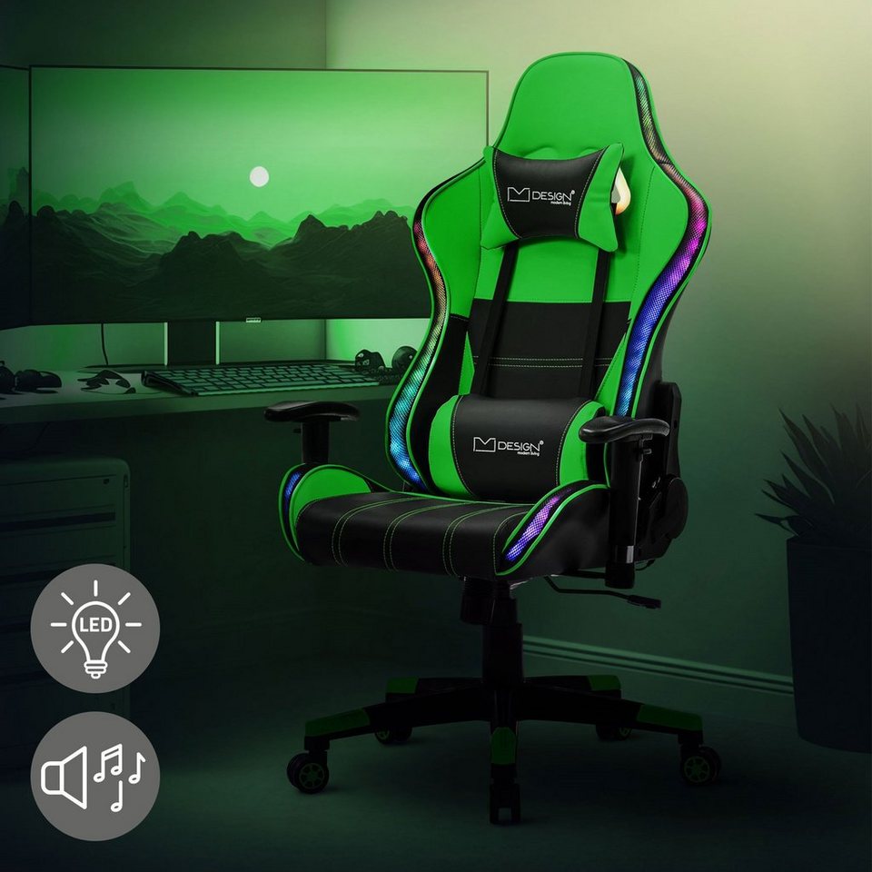 ML-DESIGN Gaming-Stuhl Bürostuhl Racing Gamer Stuhl, RGB LED-Beleuchtung  Bluetooth-Lautsprecher Grün Kunstleder verstellbar