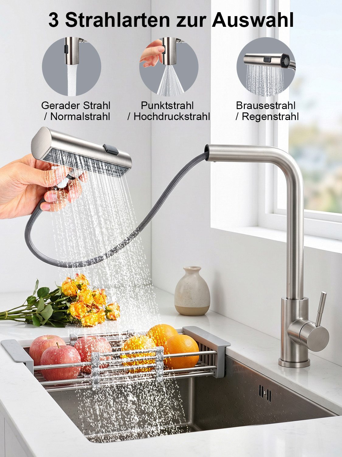 Lumkudos Küchenarmatur Wasserhahn Küche, ausziehbar 360° schwenkbar mit 3 Sprühfunktionen (Küchenarmatur Set, 1-St., Max.40, G3/8, ø32-35mm, Abnehmbarer Behälter) 40 cm Ausziehbarer Schlauch, Gerader Strahl/Punktstrahl/Brausestrahl