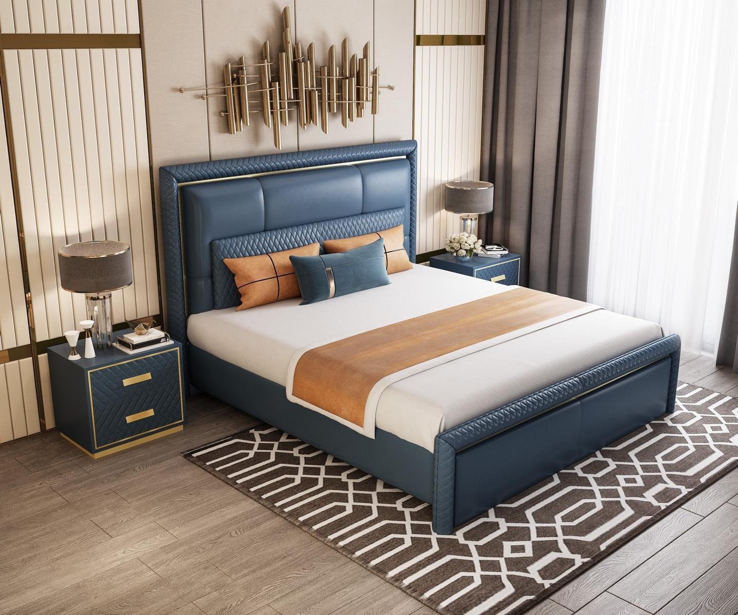 JVmoebel Schlafzimmer-Set Schlafzimmer Set Bett 2x Nachttisch 3 tlg Design Modern Luxus Blau, (3-St., 1x Bett + 2x Nachttische), Made in Europa