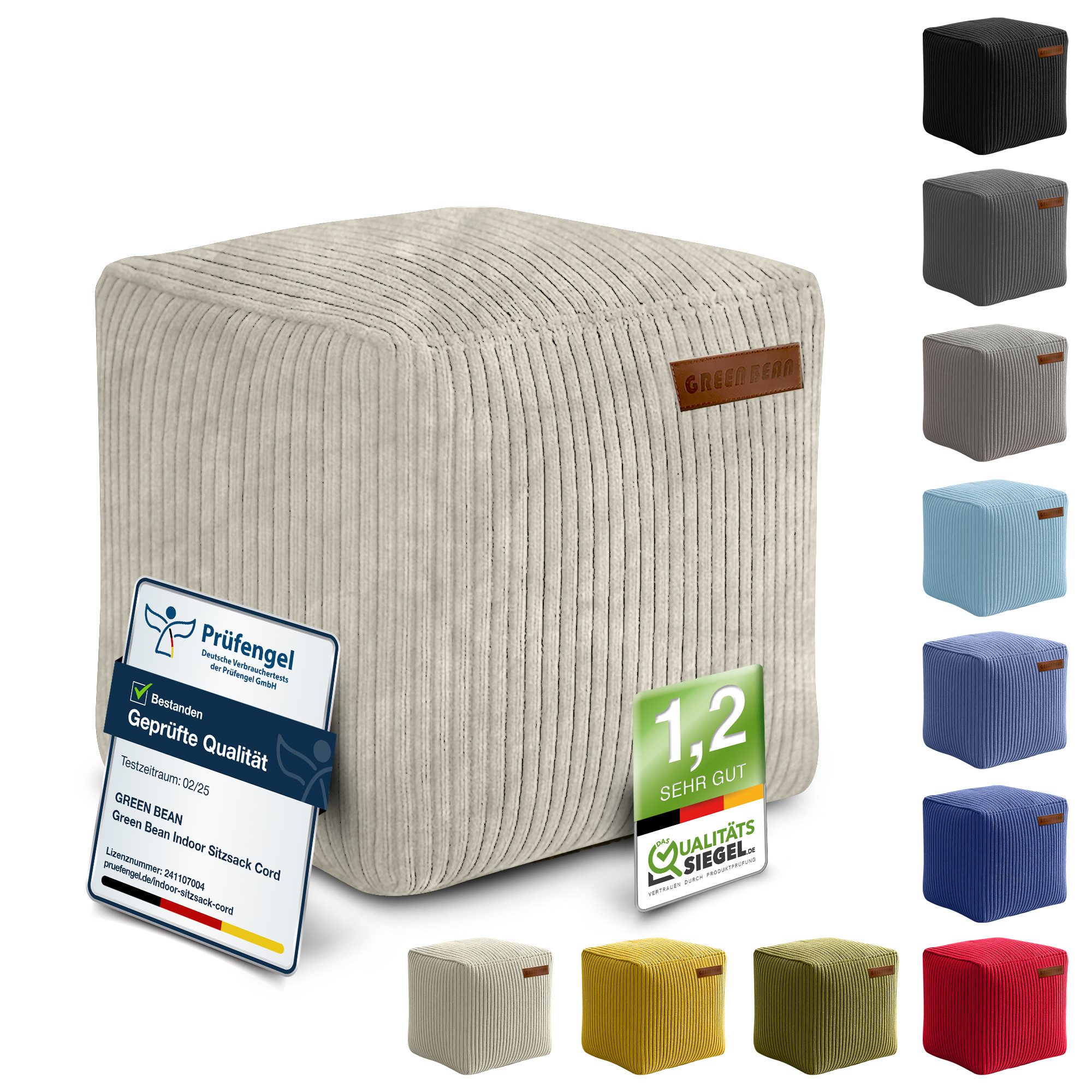Green Bean Pouf Cube Cord (Indoor Sitzhocker Sitzkissen Fußhocker Relax-Sessel, Made in Germany), die ideale Ergänzung zum Sitzsack