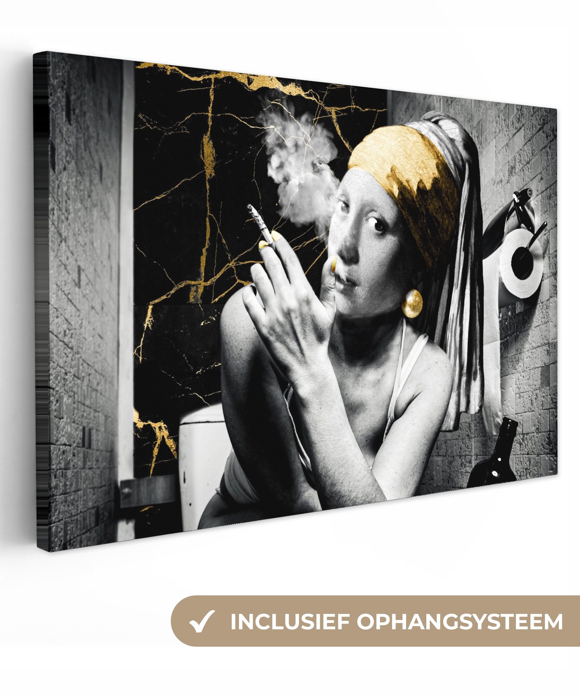 OneMillionCanvasses® Leinwandbild Marmoroptik - Mädchen mit Perlenohrring - Zigaretten - Toilette - Gold, Fotodruck (1 St), Leinwände Wanddeko Wohnzimmer Schlafzimmer 60x40 cm