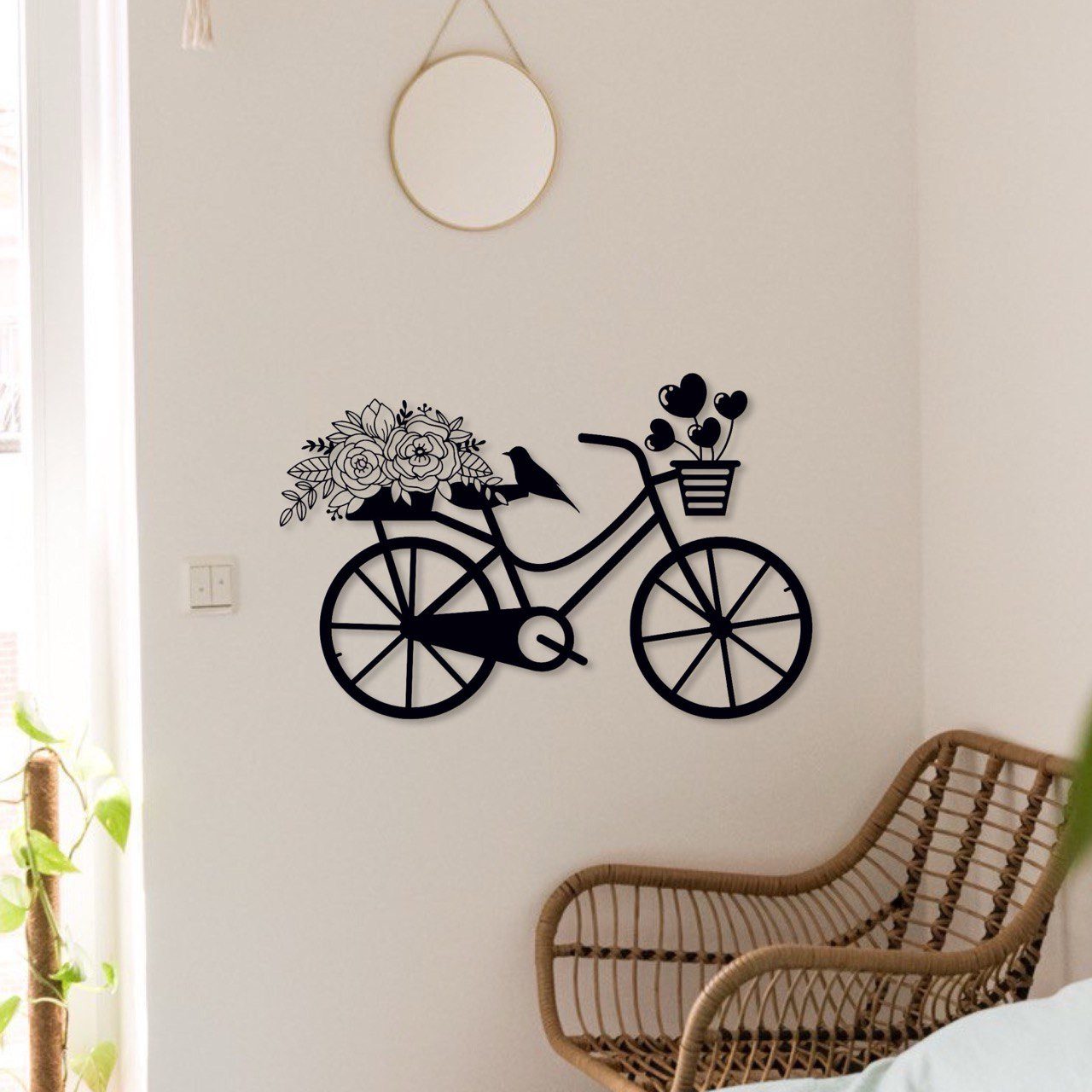WoodFriends Wandbild Damenfahrrad mit Blumen Fahrrad Holzschild zum Aufkleben