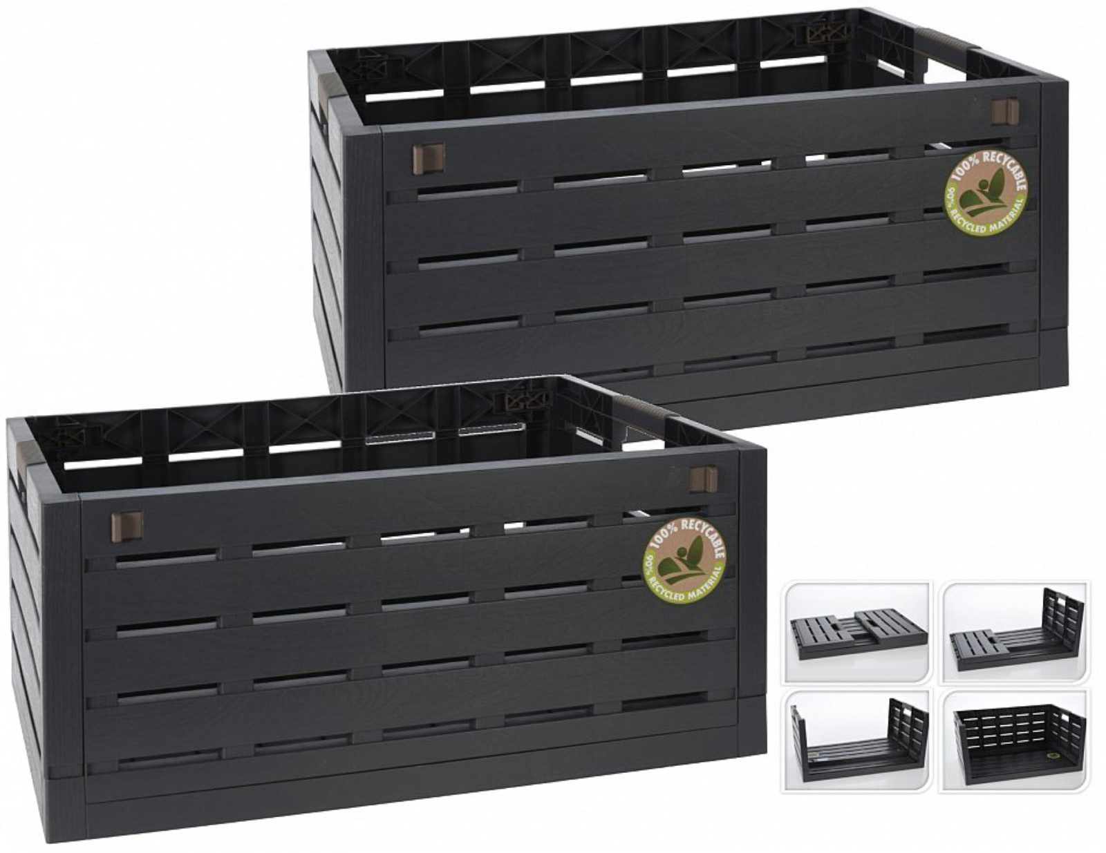 Koopman Klappbox Einkaufskiste Klappkiste Transportkiste 59x38x28cm 60L 2er Set, 60 l, Faltbar, 50kg belastbar, 2 Tragegriffe, Kunststoff, Schwarz