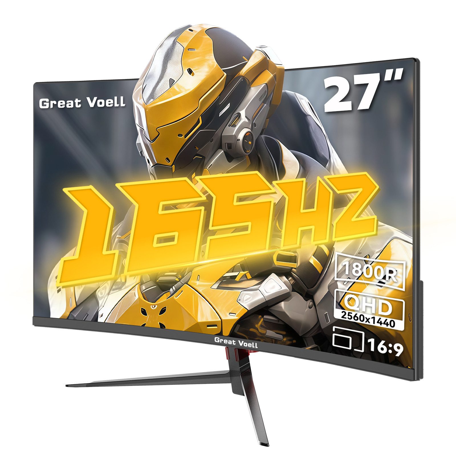 Great Voell 27 Zoll QHD, VA Panel, 2560 x 1440p, 165Hz, 2K Curved-Gaming-Monitor (68,58 cm/27 ", 2560x1440 px, QHD, 1 ms Reaktionszeit, 165 Hz, VA LED, 16:9, HDMI & DisplayPort, AMD FreeSync, 1440px, HDR10, 165Hz)
