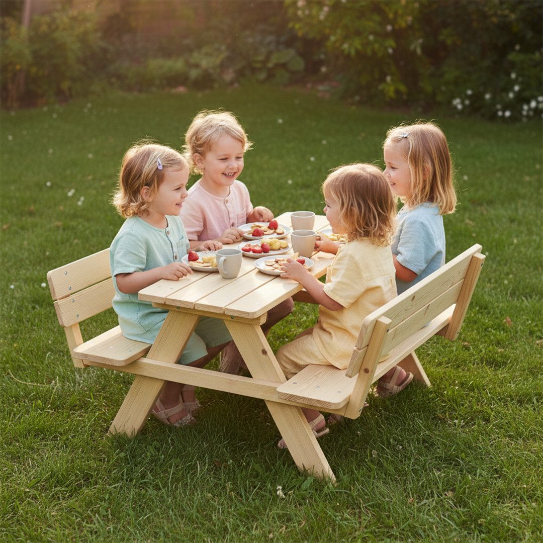 Bellabino Kindersitzgruppe Inny Outdoor-Bank aus Holz, (Tisch und Bänke mit Lehne, Sitzgruppe), für 4 Personen, unbehandelt, Kindermöbelset aus Kiefer Massivholz