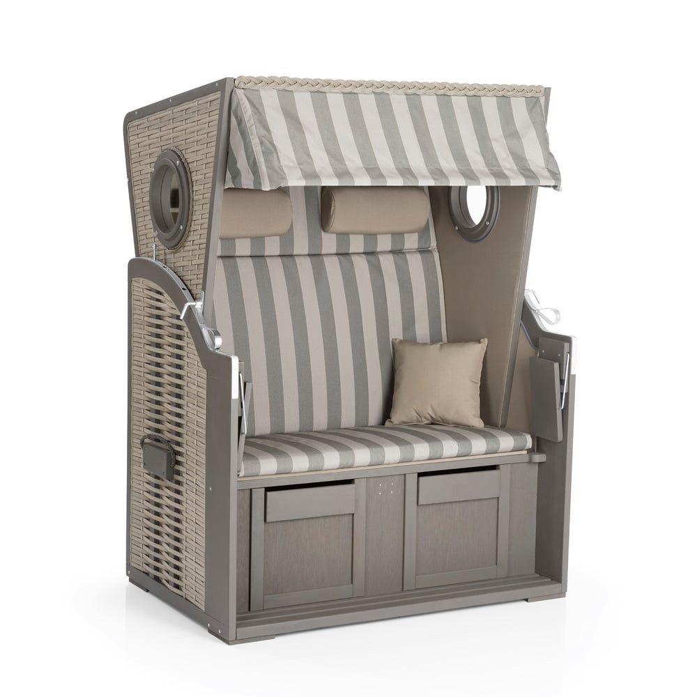 Hoberg Strandkorb 2 Sitzer mit Bullaugen - grau, BxTxH: 80x120x160 cm, Nackenrollen, Kissen, Fußbänken Klapptisch. Witterungs- & UV-beständig