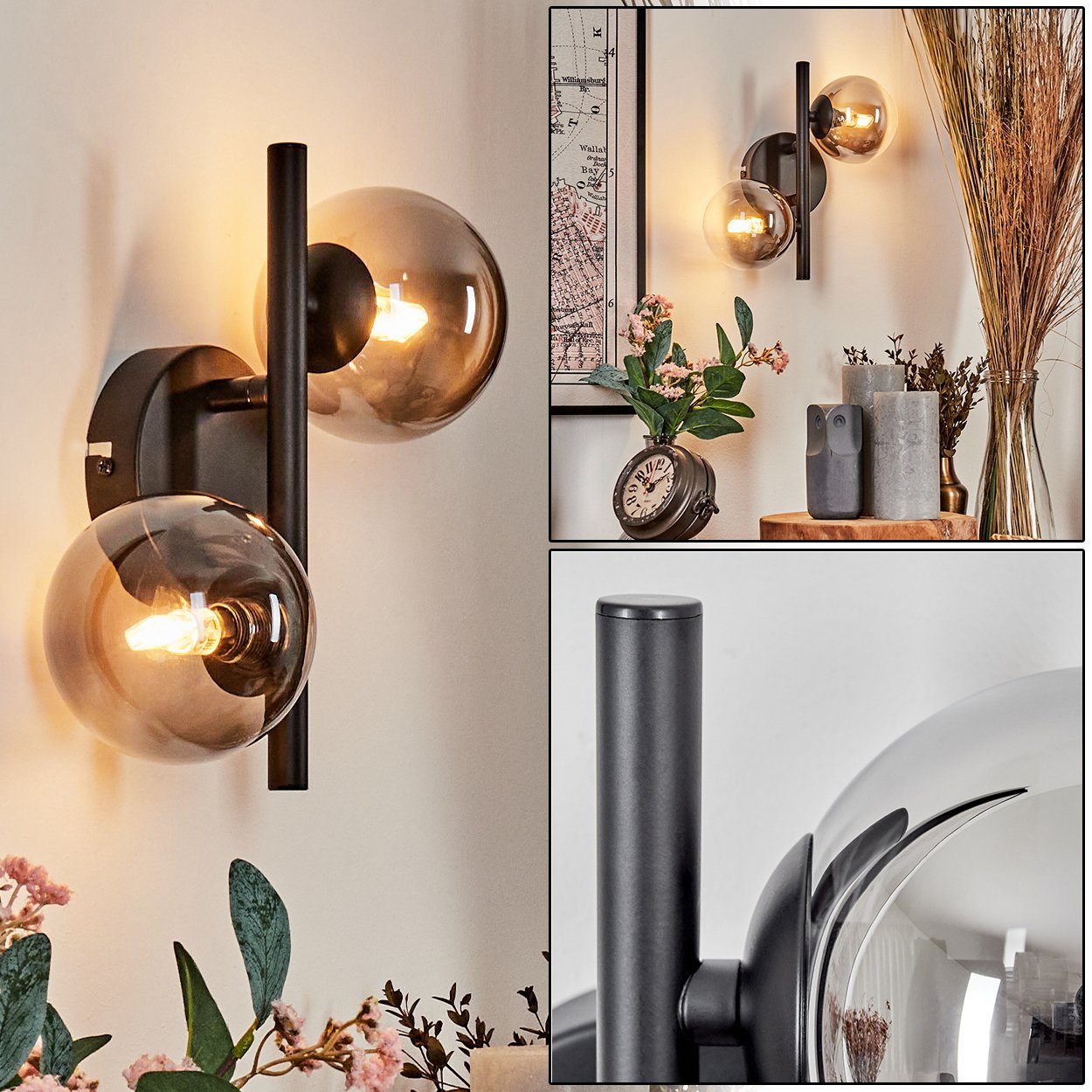 hofstein Wandleuchte Wandlampe aus Metall/Glas in Schwarz/Rauchfarben/Klar, günstig online kaufen