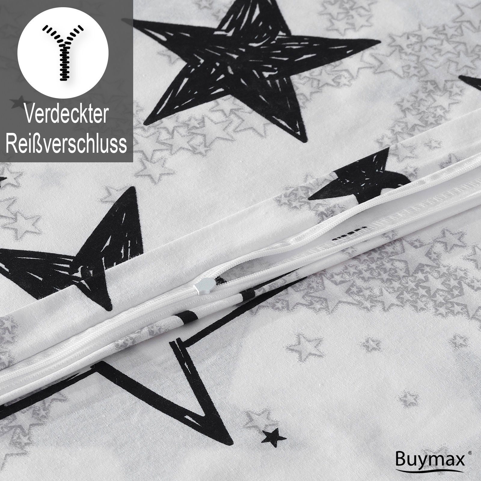 Buymax Bettwäsche Sterne-Muster, Stella Black, Renforcé, 2 teilig, Bettbezug-Set 135x200 cm 100% Baumwolle Reißverschluss Weiß Schwarz