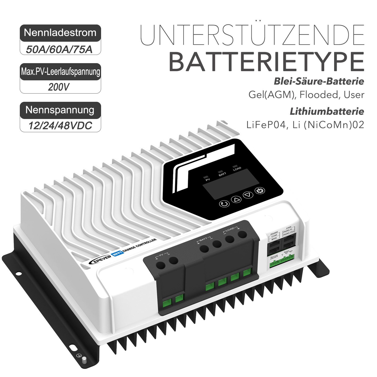 EPEVER Solarladeregler EPEVER® IT-NC G3 MPPT-Laderegler –50A,60A,75A, 80A,100A 12/24/48VDC, Standard Modbus Kommunikationsprotokoll mit RS485 Schnittstelle