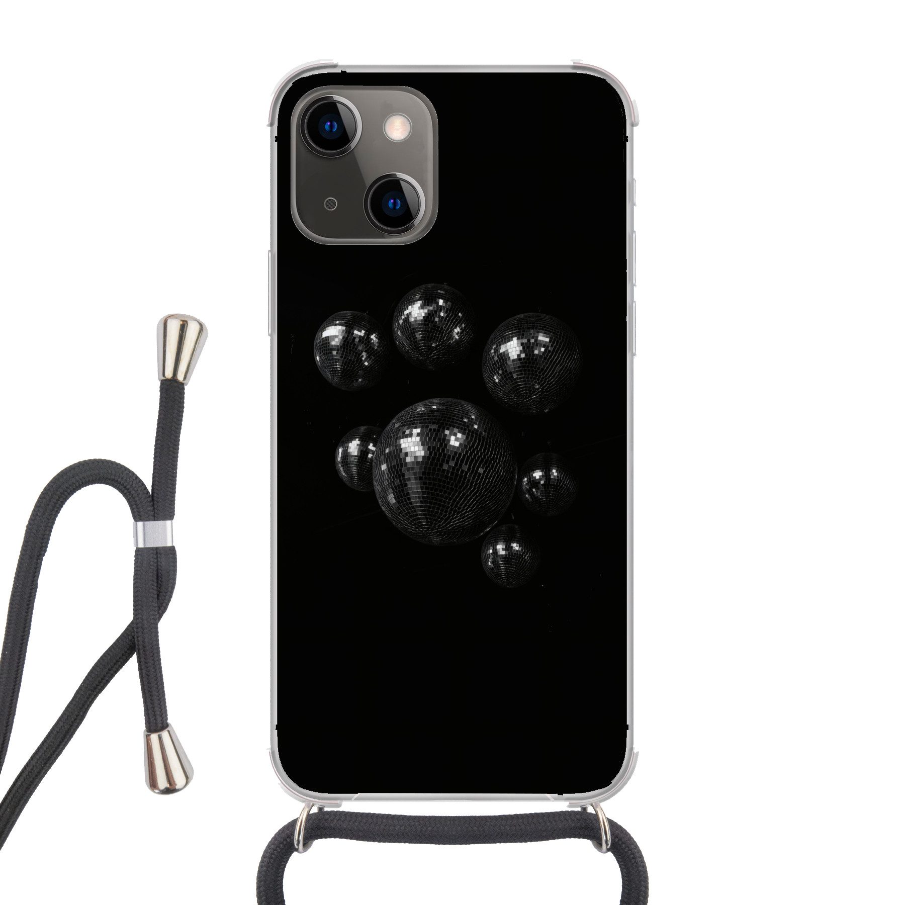 MuchoWow Handyhülle für Apple iPhone 13 Mini Disco-Kugeln - Minimalistisch - Schwarz, Tragbare Handyhüllen mit Kette zum umhängen, Handykette Handyband
