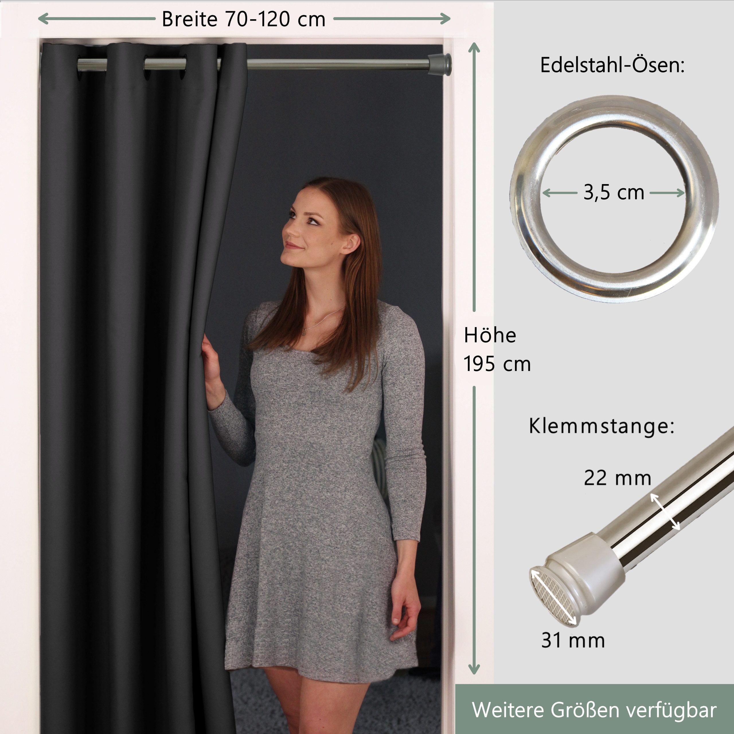 tinycurtains Türvorhang mit Stange silber 70-120 cm Thermo Vorhang ohne Bohren, mit Magneten, Ösen, abdunkelnd, Polyester, blickdicht, Schwarz Eclipse, Türgardine mit Klemmstange verdunkelnd