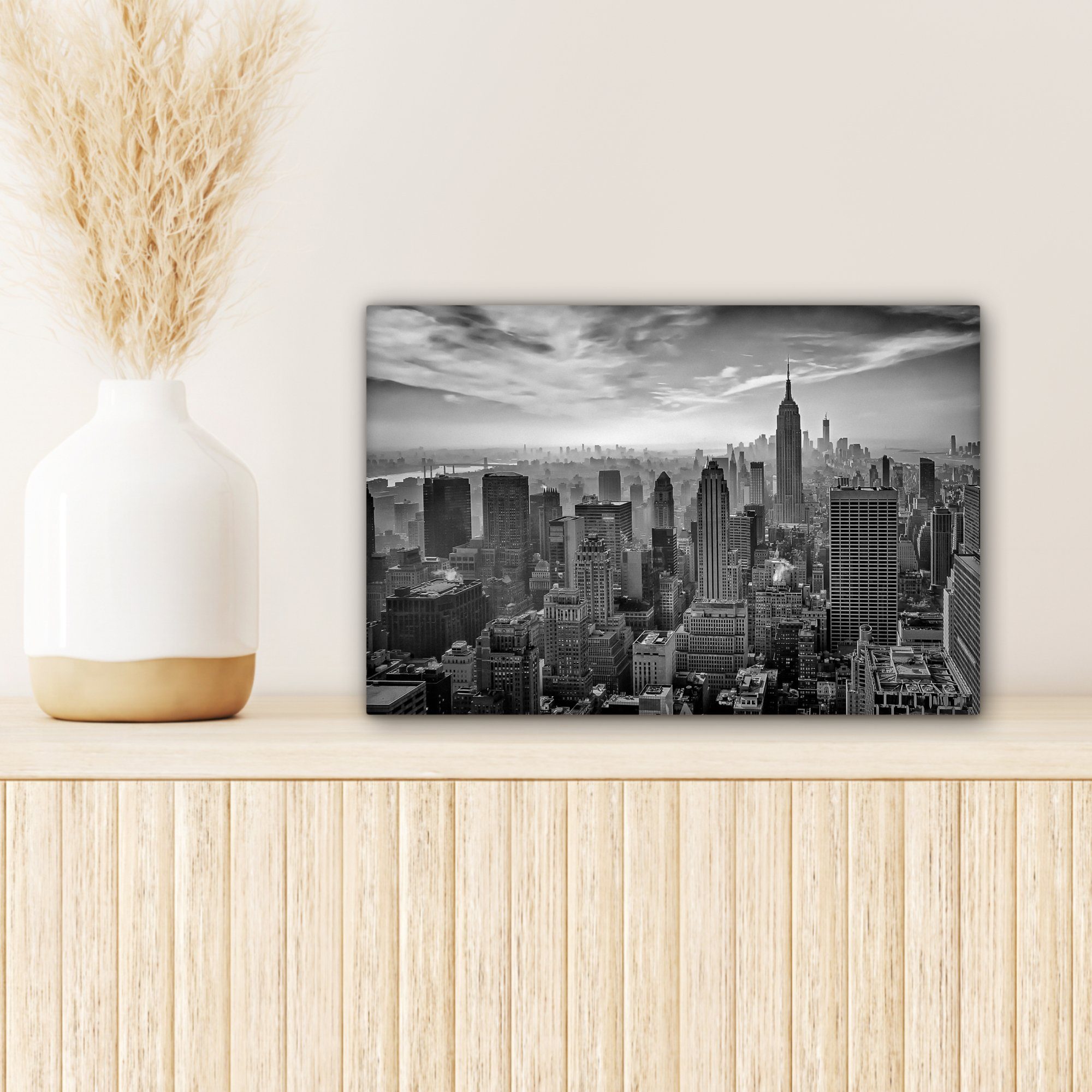 OneMillionCanvasses® Leinwandbild Architektur - St), - - und Skyline Aufhängefertig, New weiß Wandbild York, Schwarz Stadt 30x20 cm - (1 Leinwandbilder, Wanddeko