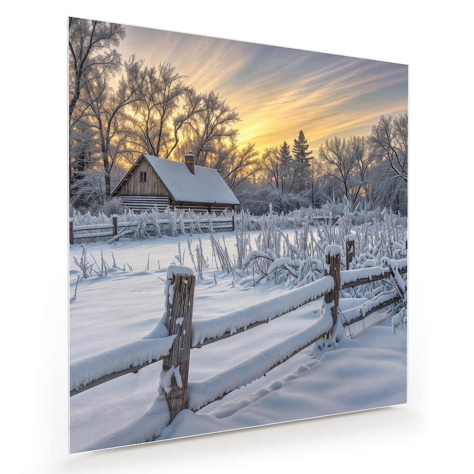 Primedeco Glasbild Wandbild Quadratisch Verschneites Landhaus mit Aufhängung, Jahreszeiten (21 verschiedene Größen, 1 St), Elegante Aufhängung