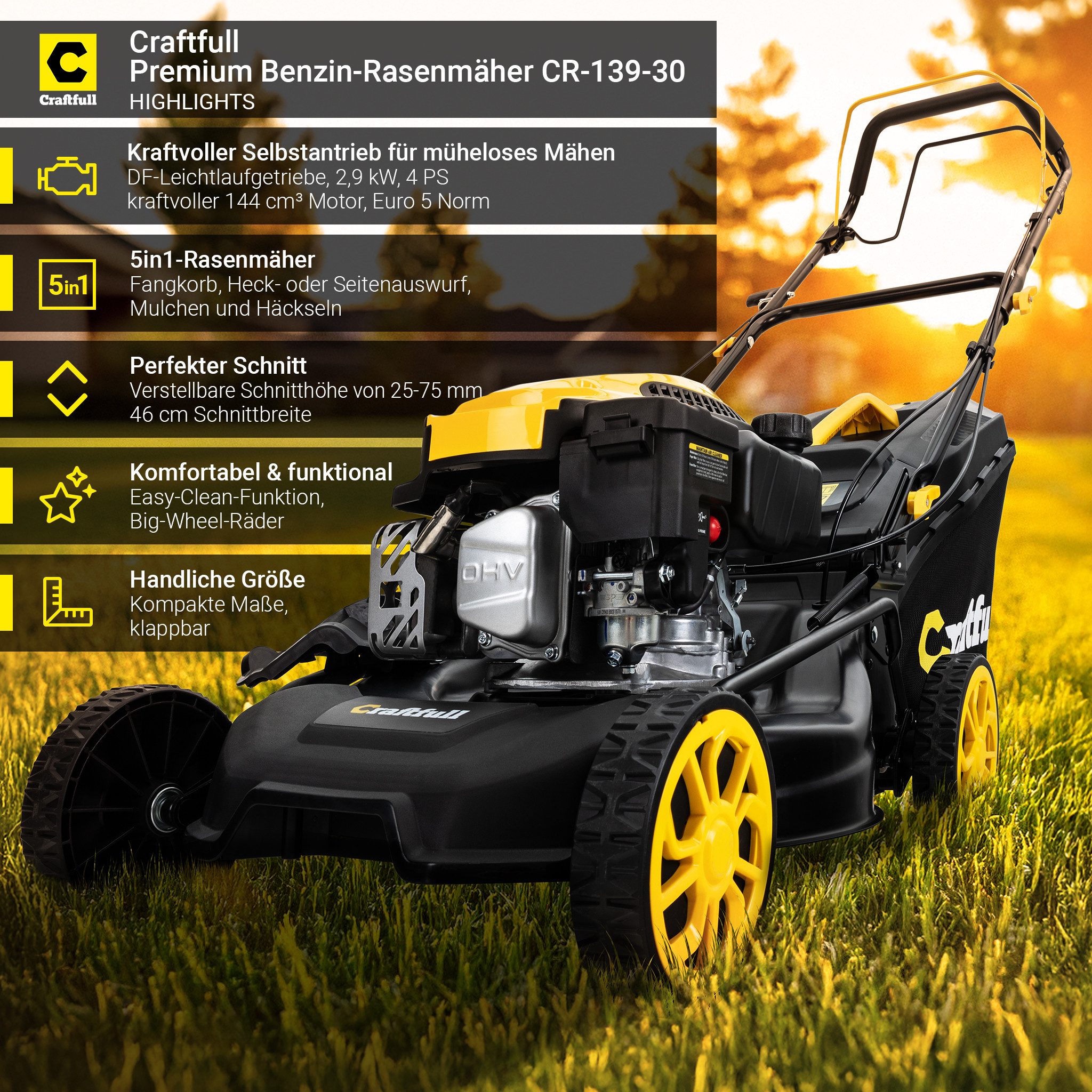Craftfull Benzinrasenmäher CR-139-30 - 4 PS, 144 cm³ Benzin Rasenmäher mit günstig online kaufen