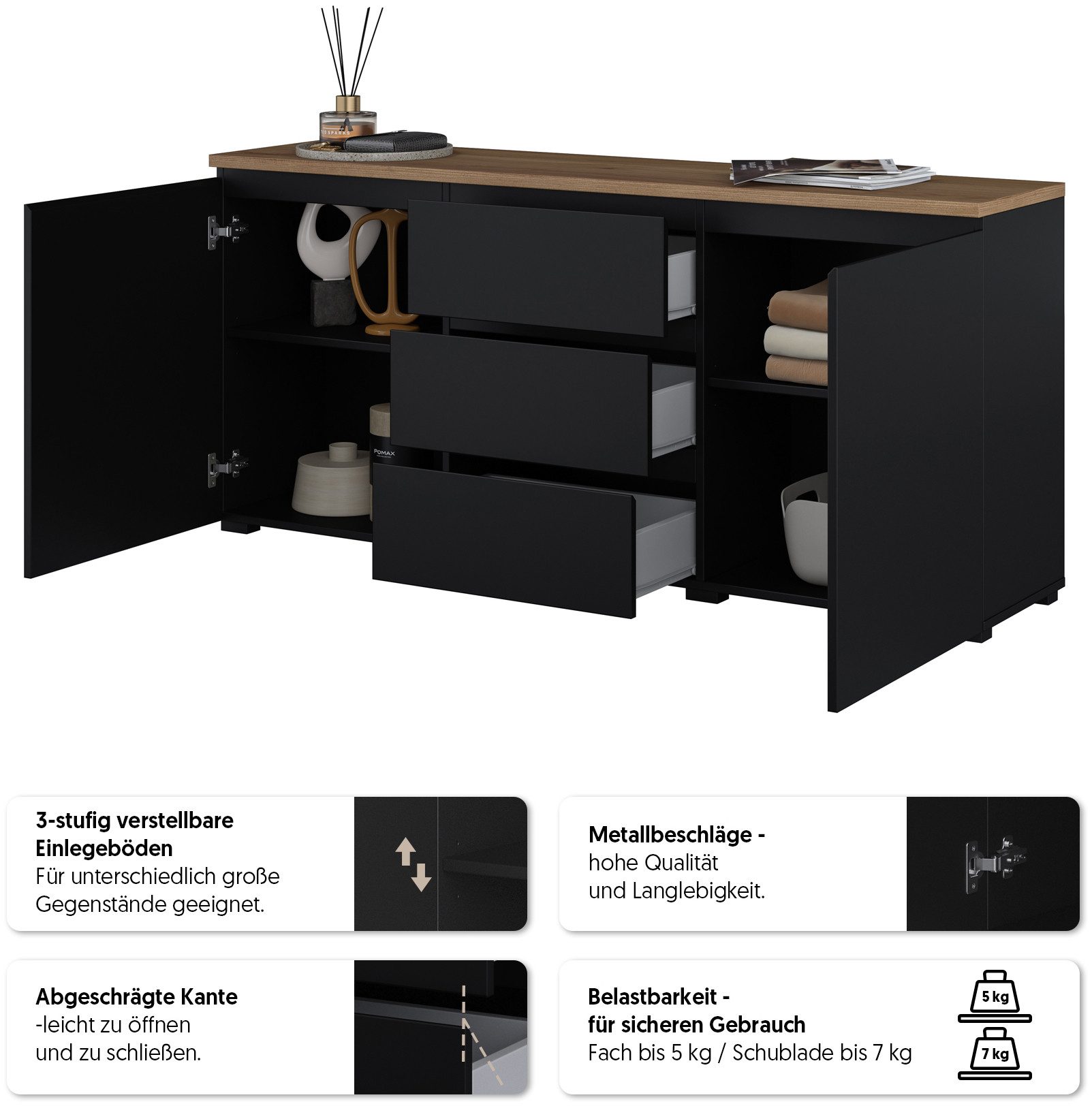 OTTO home Sideboard Modo, Breite 150 cm, moderne grifflose Kommode 2Türen/3 SK, Schubladenkommode mit viel Stauraum, Einlegeböden verstellbar