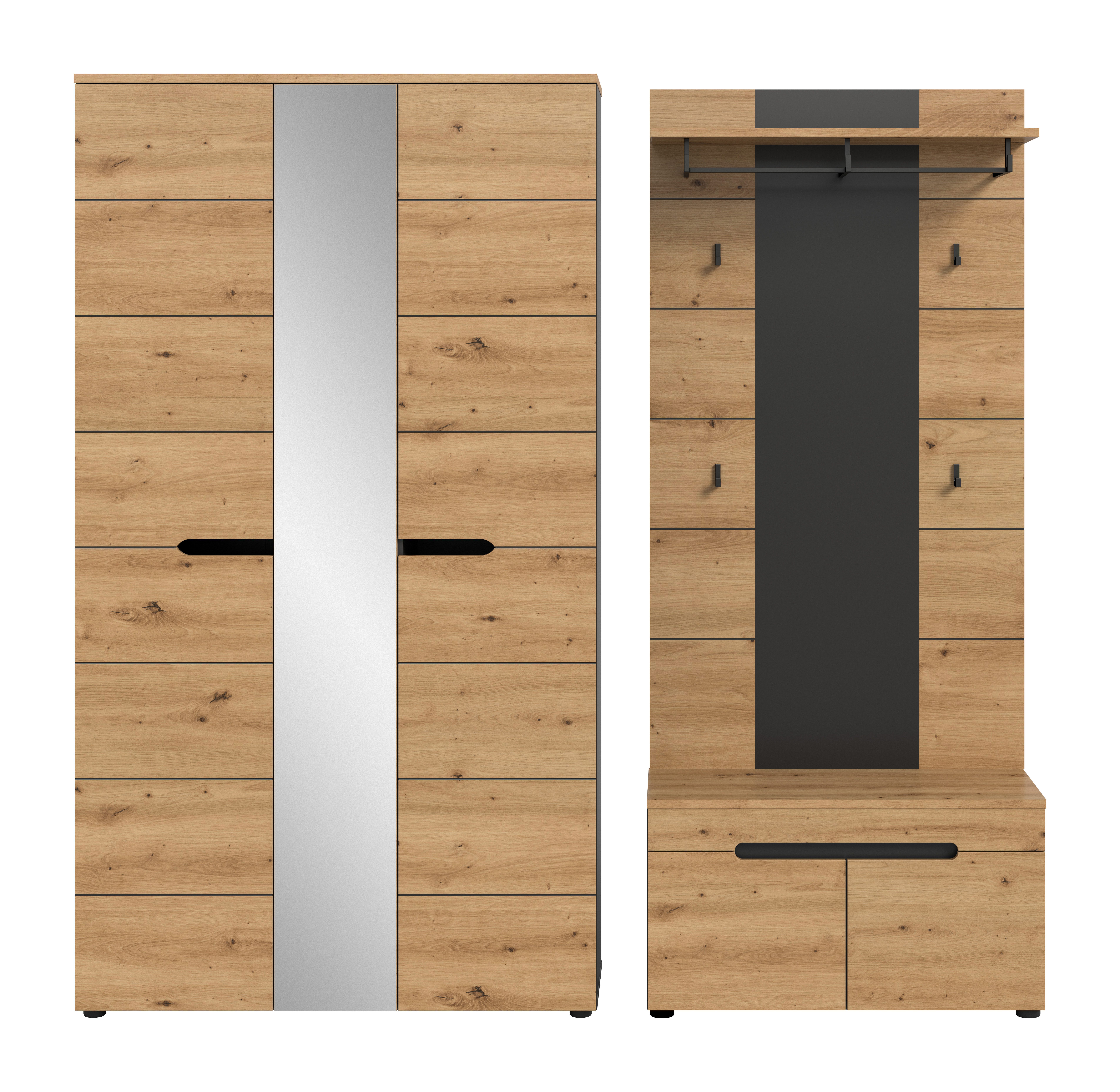furnling Garderoben-Set Cano, (3-St., Garderobenpaneel, Garderobenschrank, Sitzbank), 1 Kleiderstange, 4 Haken, Soft-Close, MDF-Front, Breite 200 cm