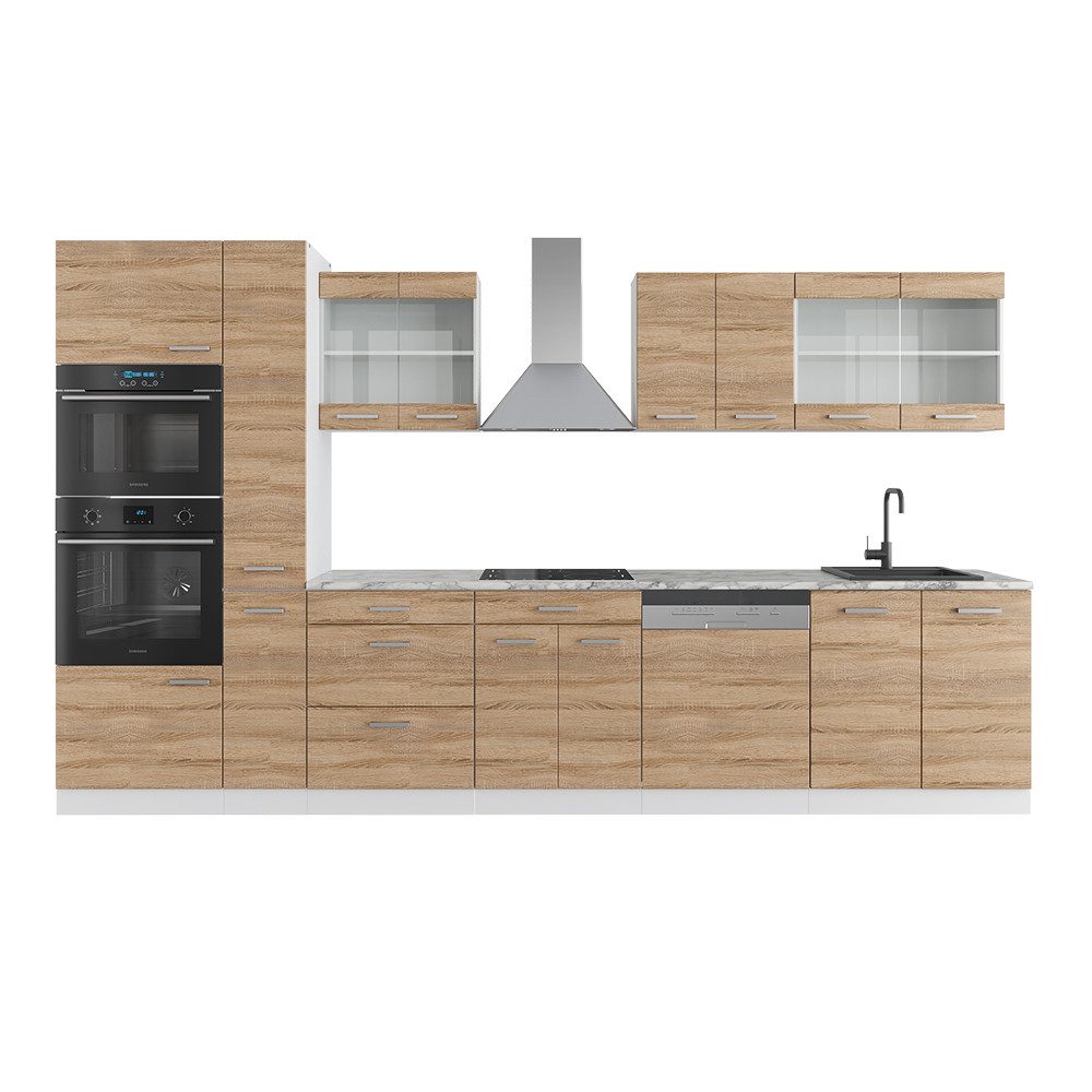 Vicco Küchenzeile R-Line, Sonoma/Weiß, 350 cm mit Hochschrank, AP Eiche