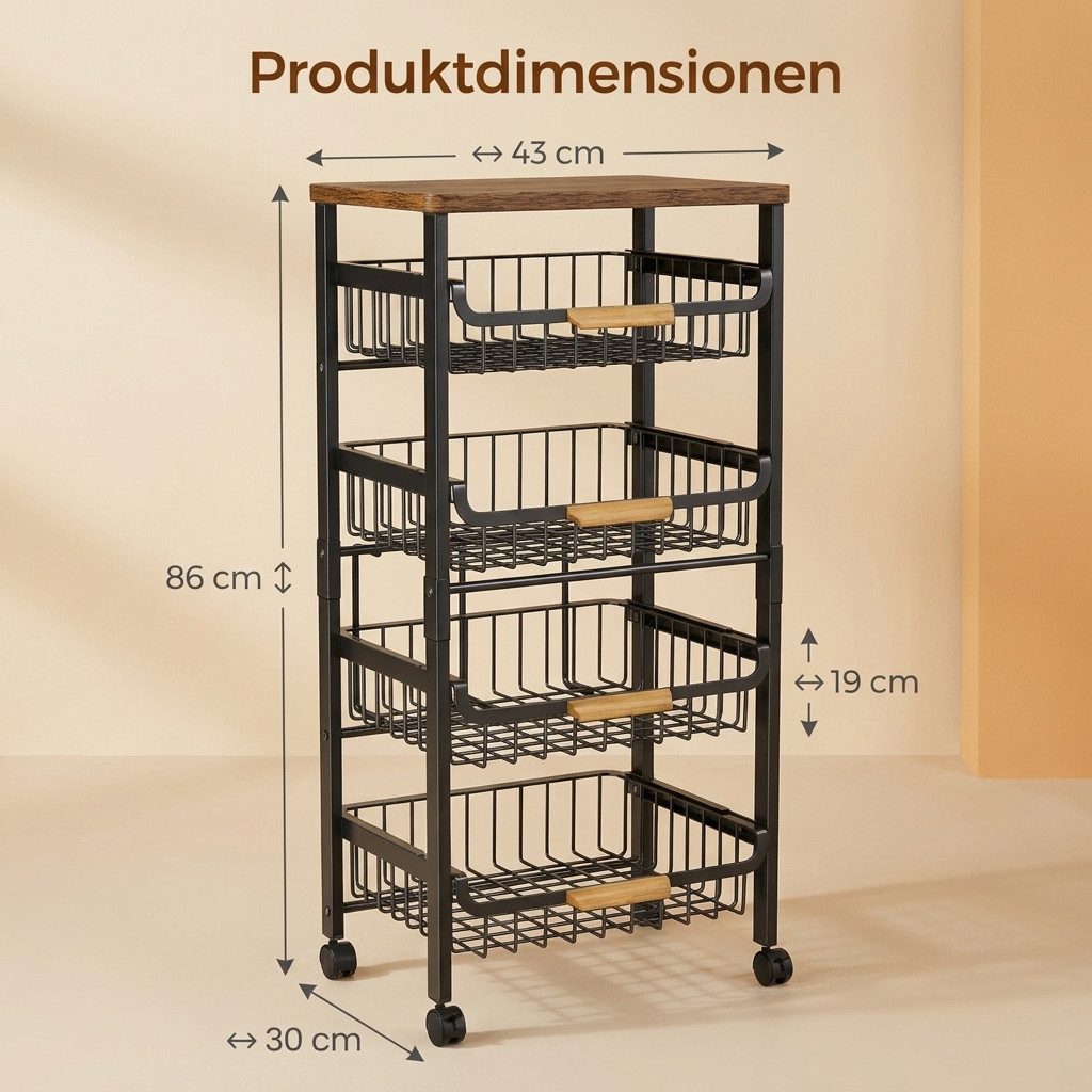 POPOLIC Küchenwagen Fünfstöckiges Metall-Küchenregal mit ausziehbaren Schüben, 86×43×30 cm, 4 ausziehbare Schubladen + oberste Ablage aus Holz – Bild 2 von 5