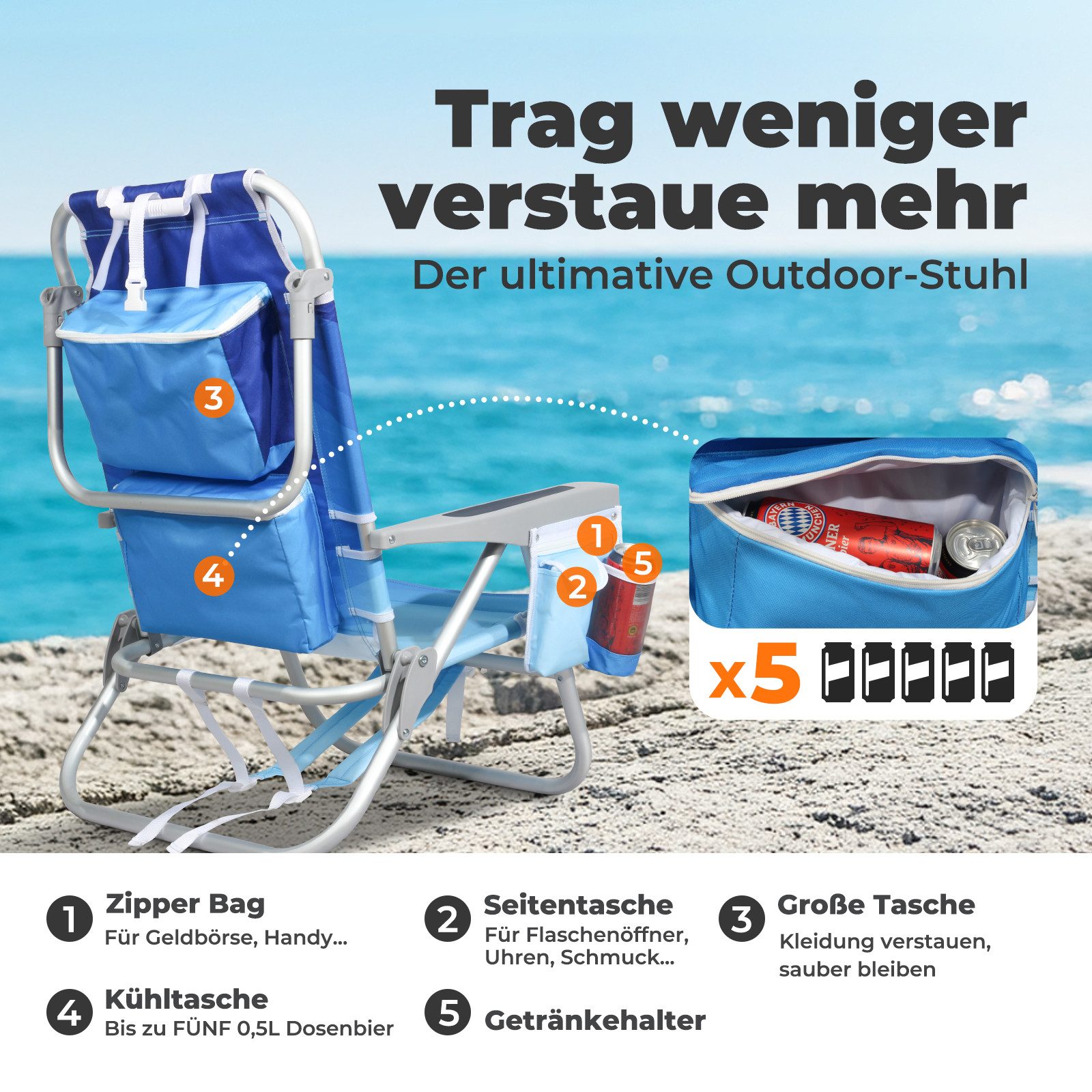 HOMECALL Klappstuhl Strandstuhl Leicht Klappbar Camping, 5-fach verstellbare Rückenlehne (Bis150KG Aluminiumrahmen, groBe Kuhitasche und Aufbewahrungstasche, 1 St), Seitentaschen, Kopfstütze, Schultergurten, Handtuchhalter