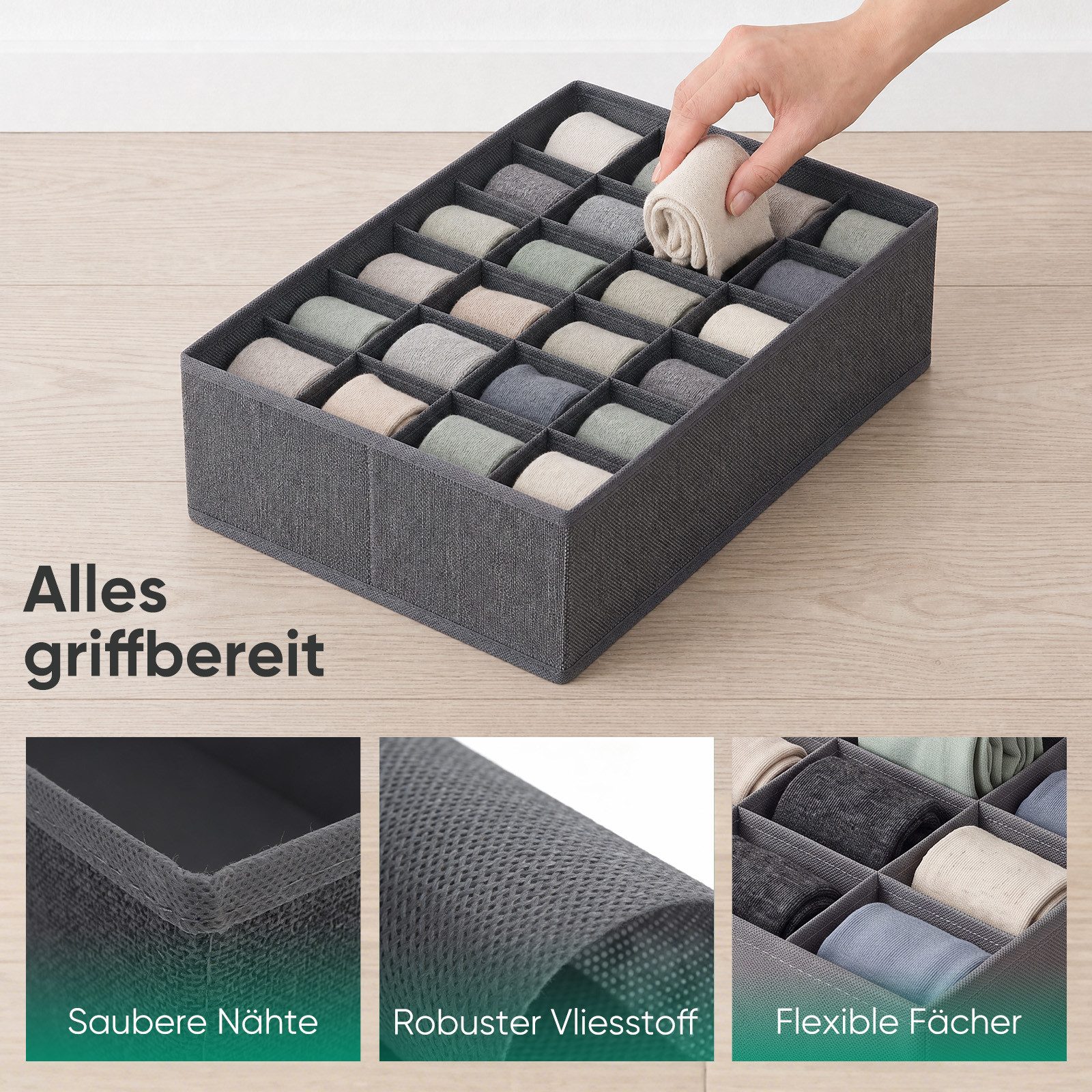 Sekey Aufbewahrungsbox Schubladen Organizer aus Vliesstoff – faltbare Aufbewahrungsboxen, 2er-Set, 39 × 26 × 11 cm für PAX 50, mit Einzelfächern für Socken – Bild 5 von 5