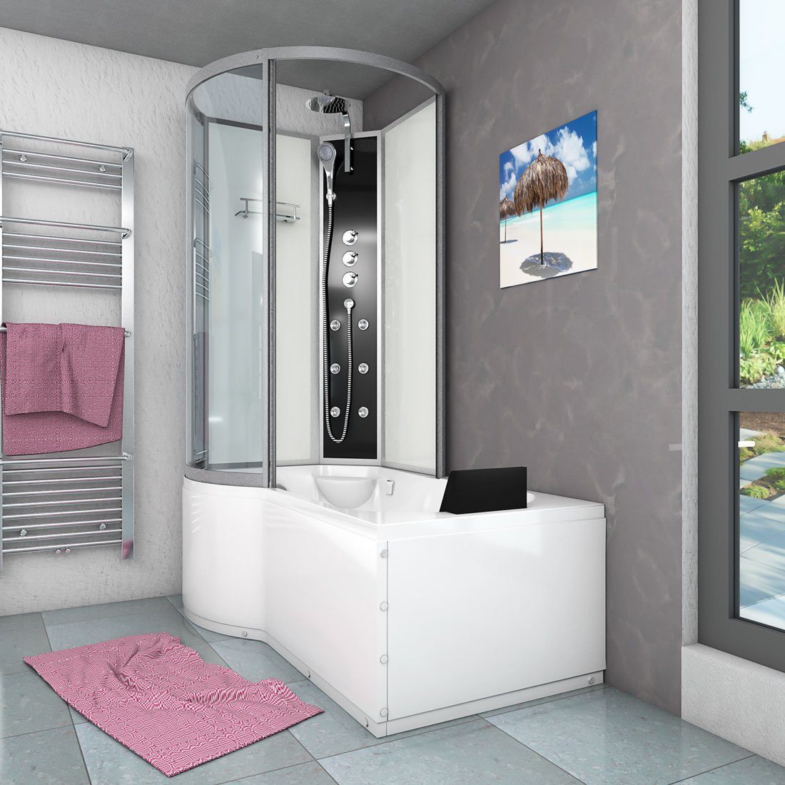 Thumbnail - AcquaVapore Grossraumdusche Wanne Dusche Kombination Weiß K50-R02-EC 100x170, Sicherheitsglas ESG, inklusive Duschwanne,...