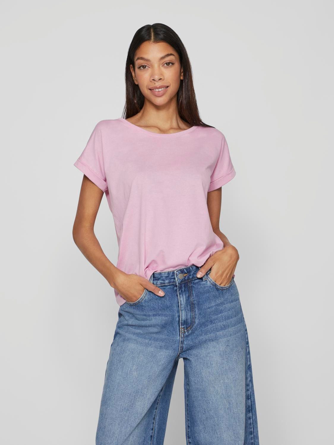 Vila Rundhalsshirt VIDREAMERS NEW PURE T-SHIRT/SU-NOOS Basic Damen-T-Shirt mit Rundhalsausschnitt und umgeschlagenen Ärmeln