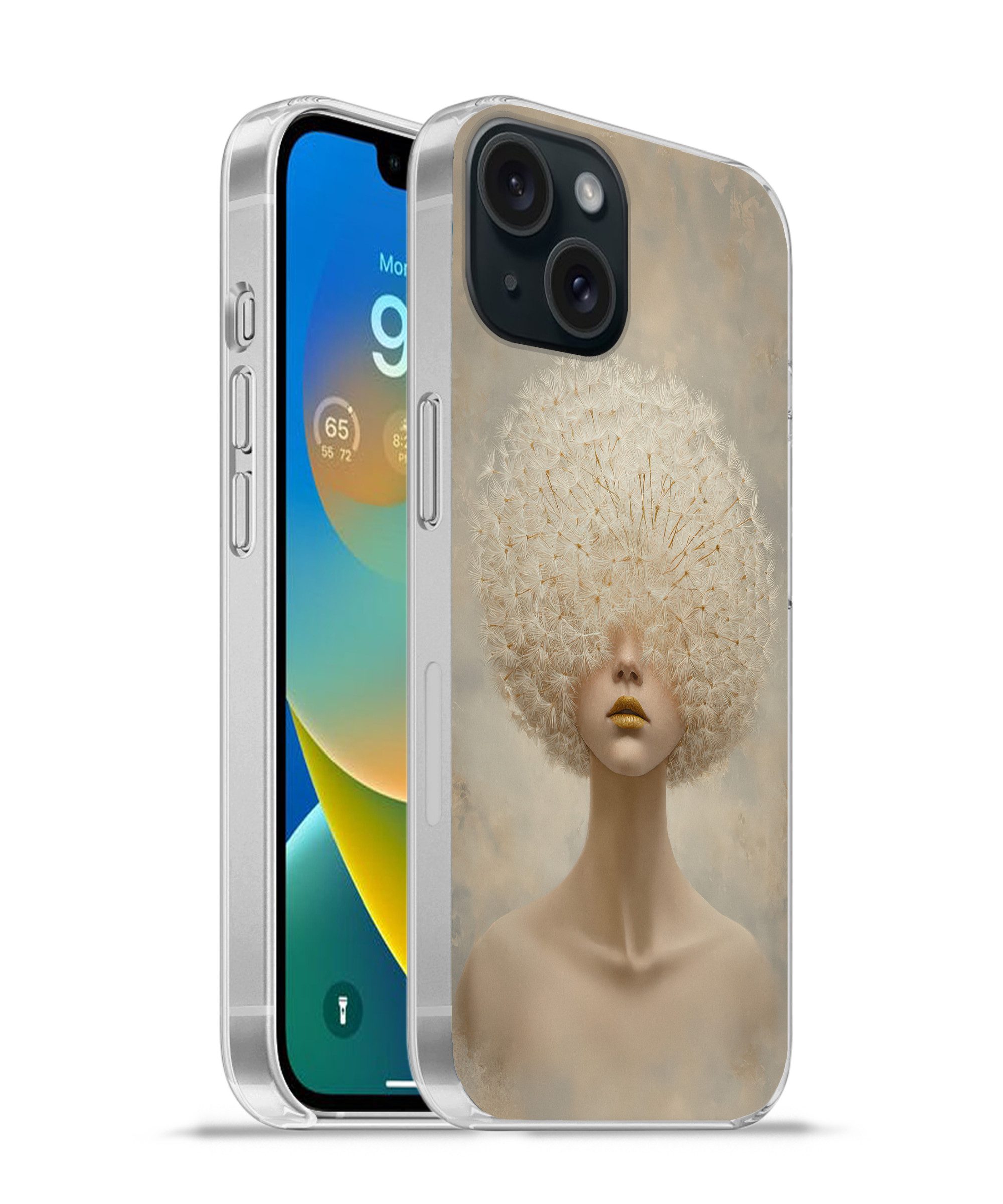 MuchoWow Handyhülle für Apple iPhone 15 Dreamy - Beige - Löwenzahnsamen, Smartphone-Bumper, Print, Handy Schutzhülle Dünn