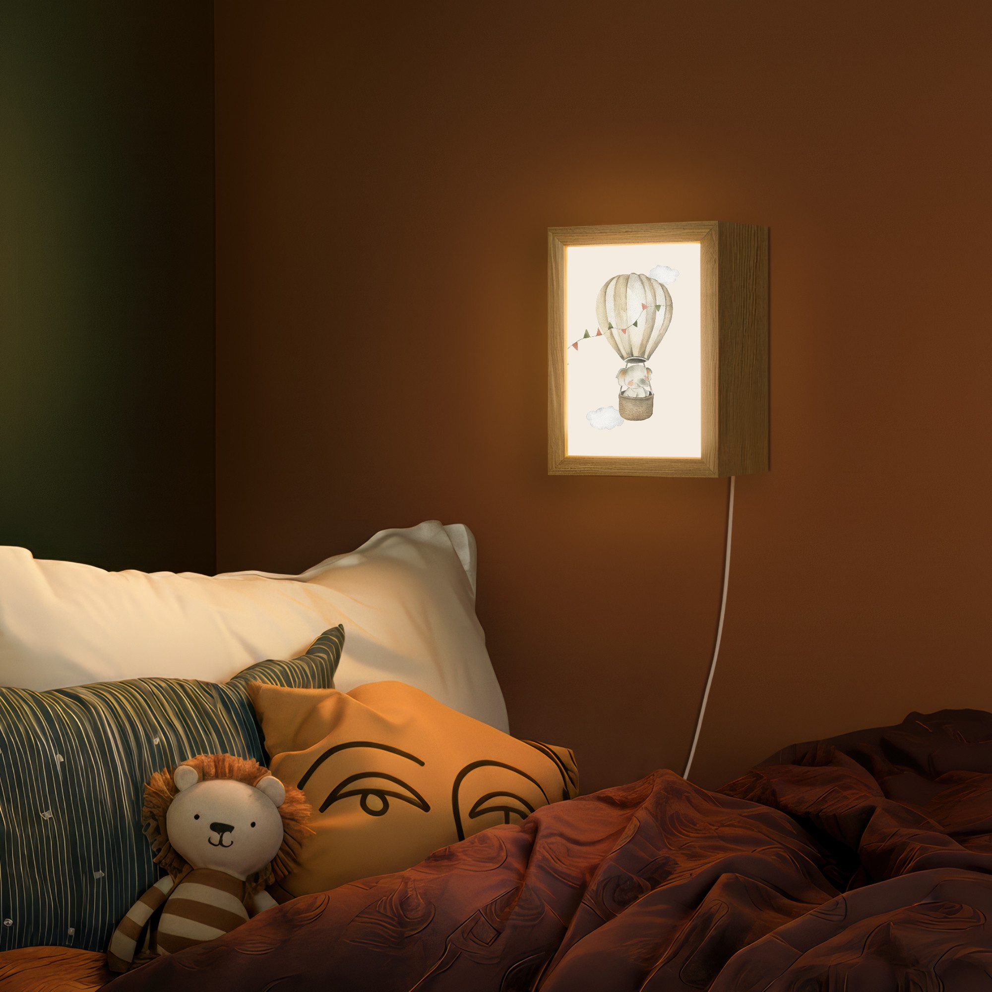 OnlyWow Wandleuchte Lightbox Heißluftballon - Elefant - Aquarell - Beige - Tiere - Mädchen, Dimmbar, Farbwechsel, LED, Warmweiß, Kaltweiß, Neutralweiß Einstellbar, Wandlampe Innen, Dimmbar, mit Kabel, LED, Beleuchtung, Kinderzimmer