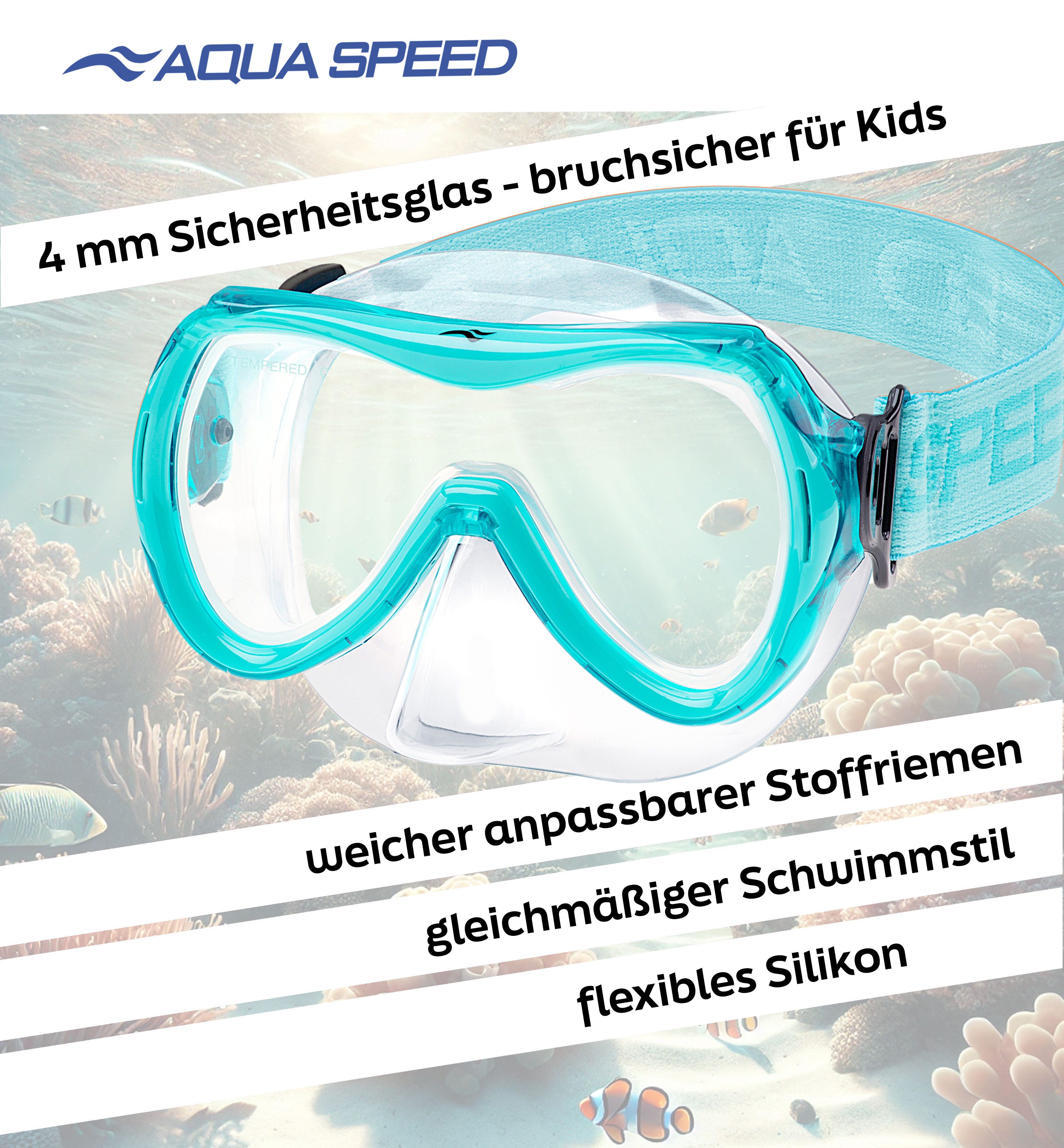 Aqua Speed Schnorchel ALIZE FS Tauchmaske für Kinder Kindertauchmaske Stoffband (Sicher, Bequem und Perfekt für Kleine Unterwasser-Abenteurer), Taucherbrille Kind Stoff-Kopfband Einzellinse