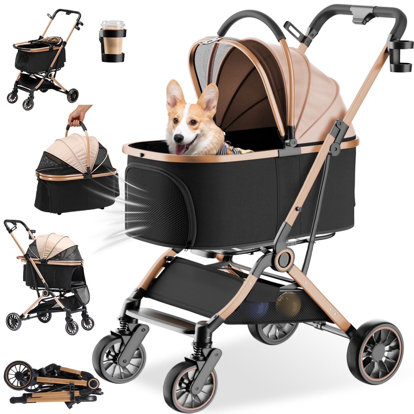COMHOMA Hundebuggy Hundewagen klappbar bis 25KG, 4-in-1 Faltbar Katzenwagen, 180° verstellbaren Markise und Getränkehaltern
