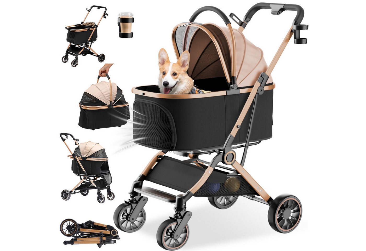 COMHOMA Hundebuggy Hundewagen klappbar bis 25KG, 4-in-1 Faltbar Katzenwagen, 180° verstellbaren Markise und Getränkehaltern