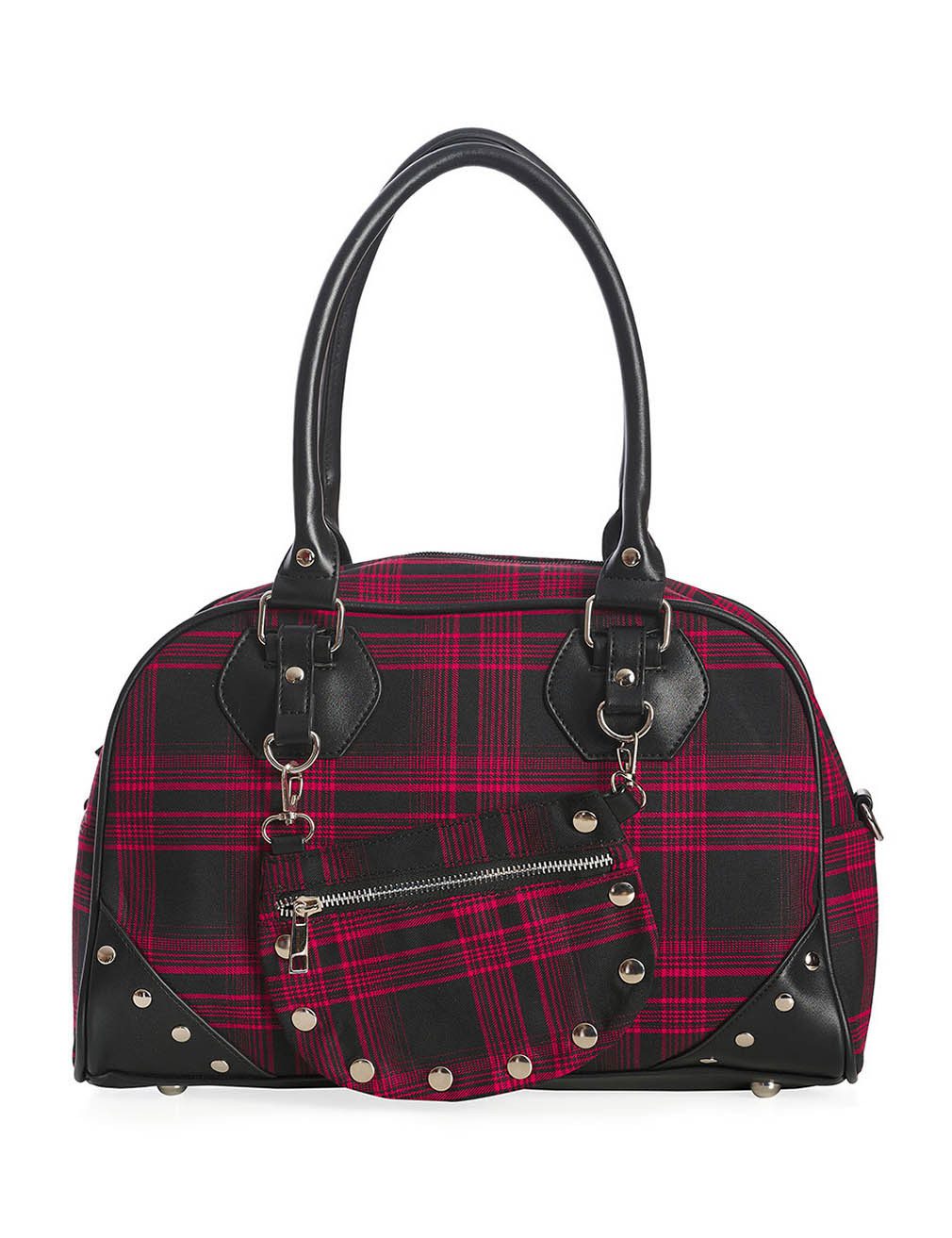 Banned Handtasche Warren Plaid Rot, Punk Kariert Nieten Tartan
