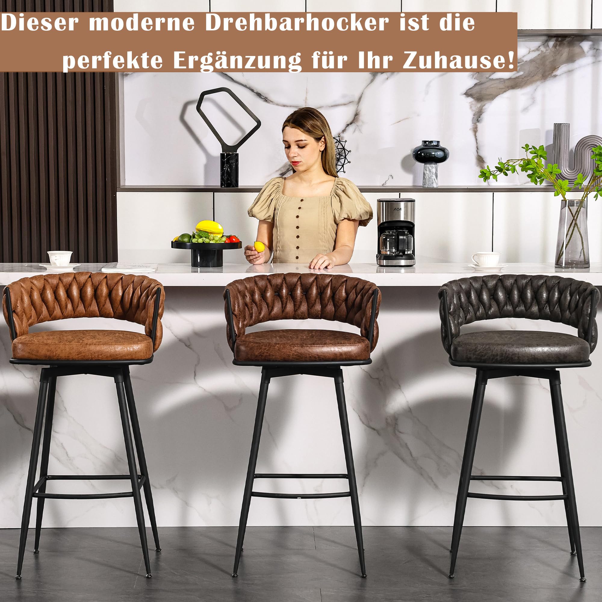 AISALL Barhocker PU-gewebter Drehhocker mit Rückenlehne, Küchenhocker, Barstuhl (2 St), mit Fußstütze, Sitzhöhe 79 cm – Bild 5 von 5