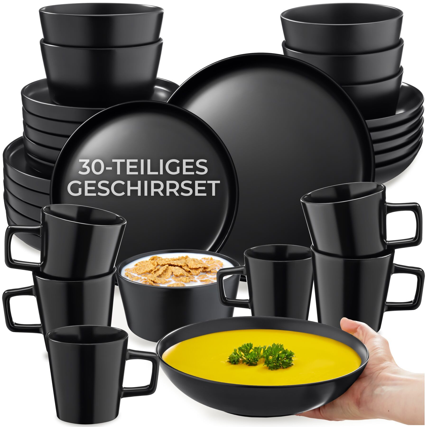 tectake Geschirr-Set Tafelservice aus Steingut für 6 Personen, ineinander stapelbar (30-tlg), 6 Personen, Steingut, im Urban-Style, mit Glasur, spülmaschinen- und mikrowellengeeignet