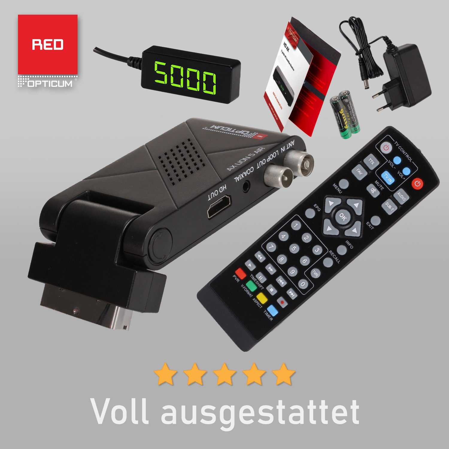 AX mit USB,12V OPTICUM SCART, DVB-T2 IR (externer Receiver Aufnahmefunktion DVB-T2 Display RED Sensor Lion Netzteil) mit 5 - LED Receiver HDMI, HD AIR