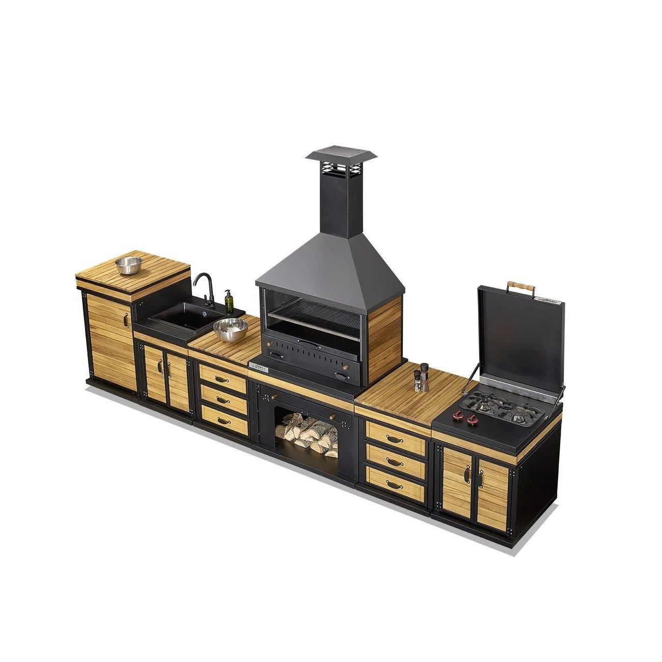 Xlmoebel Outdoor-Küche XLMOEBEL Außenküche in Schwarz aus Holz und Edelstahl, Made in Europa