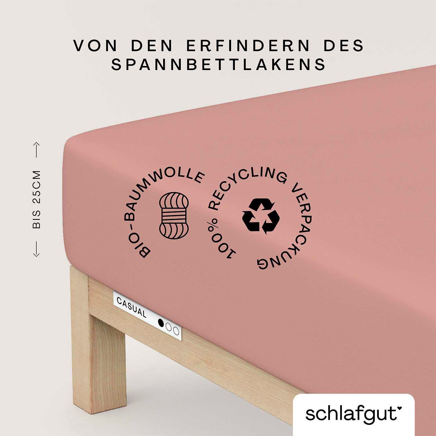 Schlafgut Spannbettlaken CASUAL Bettlaken 100% gekämmte Bio-Baumwolle, 150 g/m², Spannbetttuch, Jersey, Gummizug: rundum, (1 Stück), Bettlaken bis 25 cm Höhe, langlebig, weich, Antipilling-Ausrüstung