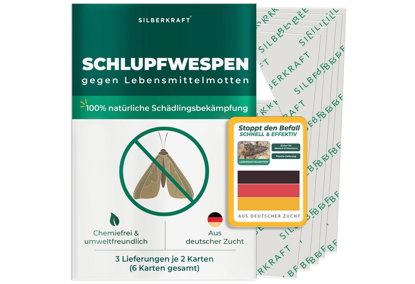 Silberkraft Insektenvernichter Silberkraft Schlupfwespen gegen Lebensmittelmotten, Mottenbekämpfung, 3 Lieferungen je 3 Karten (9 Karten gesamt) über 9 Wochen