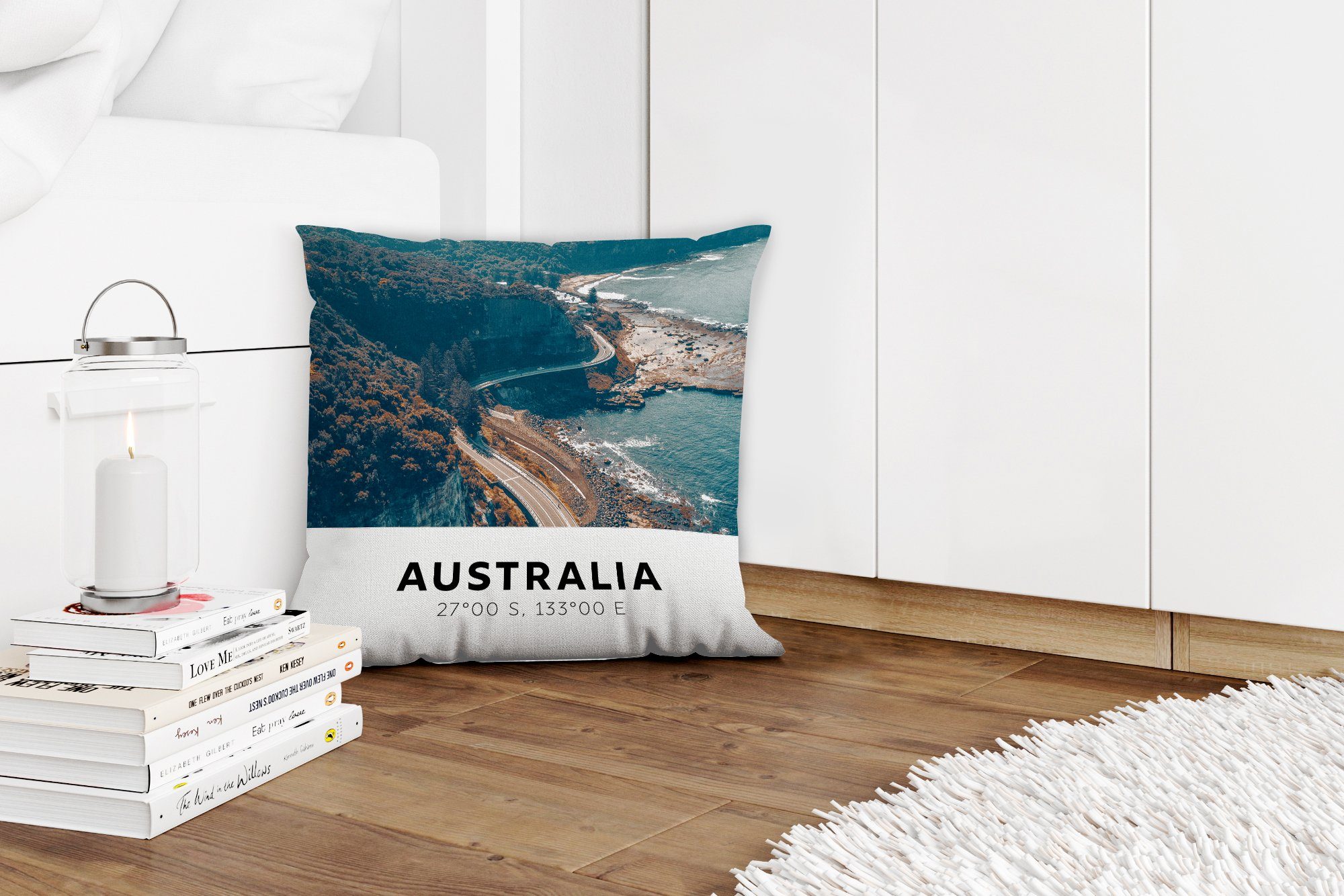 MuchoWow Wohzimmer, Schlafzimmer, Deko, Zierkissen Dekokissen mit Straßen, für Sofakissen - Meer - Füllung Australien