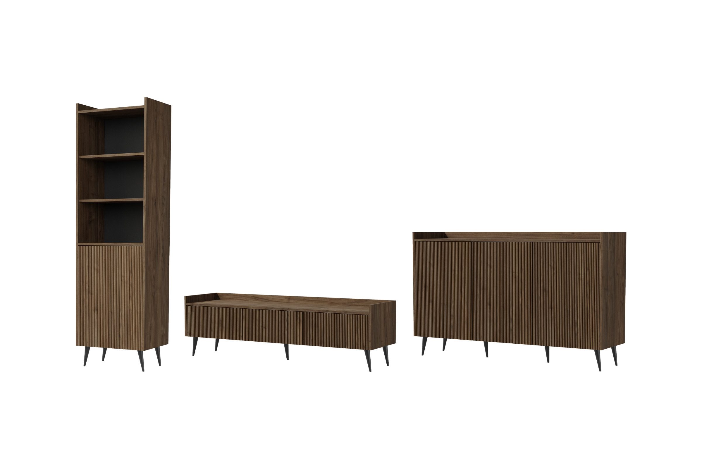 Deine Möbel 24 Wohnzimmer-Set DALIA C mit Kommode, TV-Lowboard, Regal & Couchtisch (optional), (Set, 3-St., dekorative Riffelfronten, Push-to-Open-System), in Walnuss oder Kashmir, DALIA - Kollektion