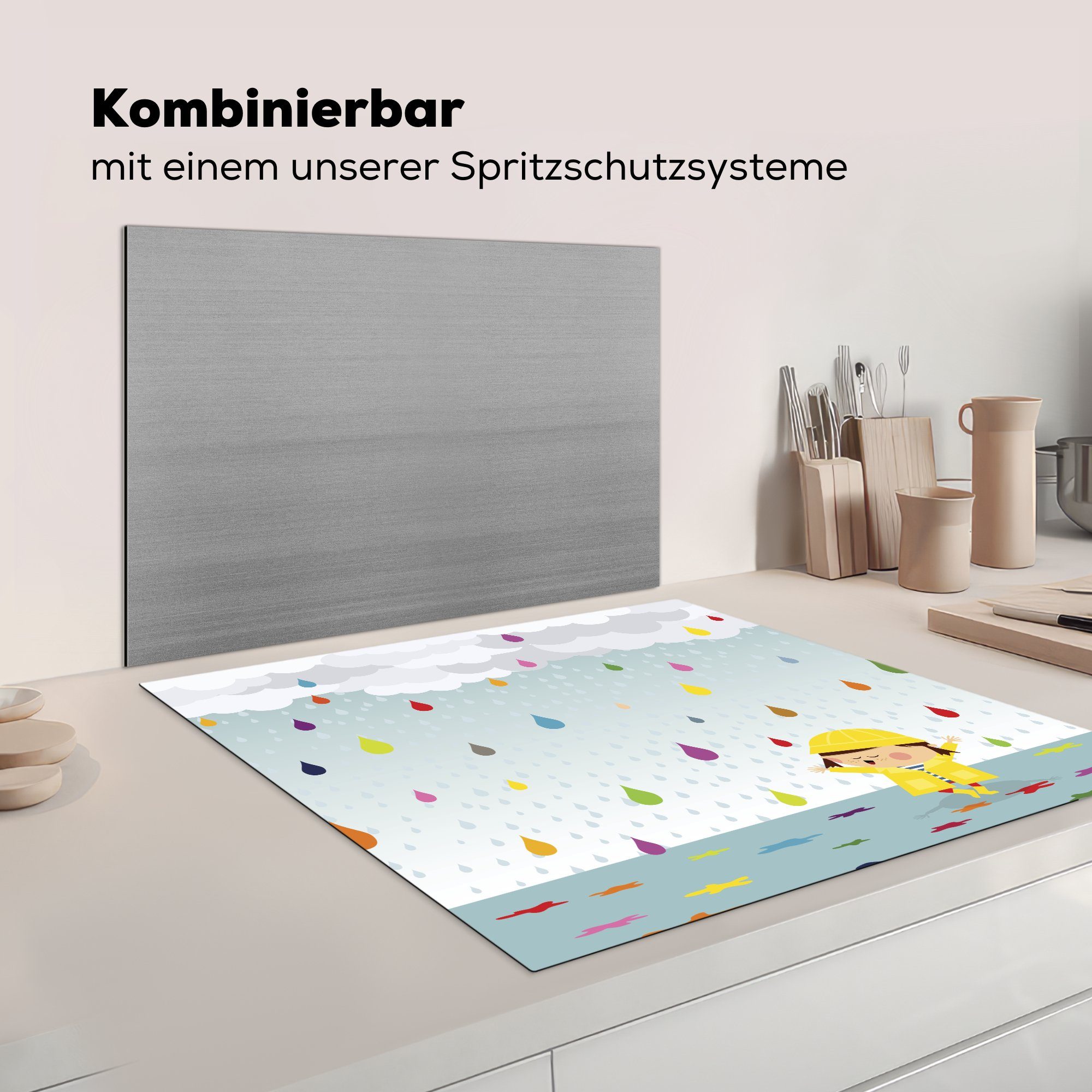 für ist, Kindes, umgeben eines Vinyl, das bunten tlg), cm, Arbeitsplatte Ceranfeldabdeckung, MuchoWow (1 Herdblende-/Abdeckplatte küche von Wassertropfen 78x78 Illustration