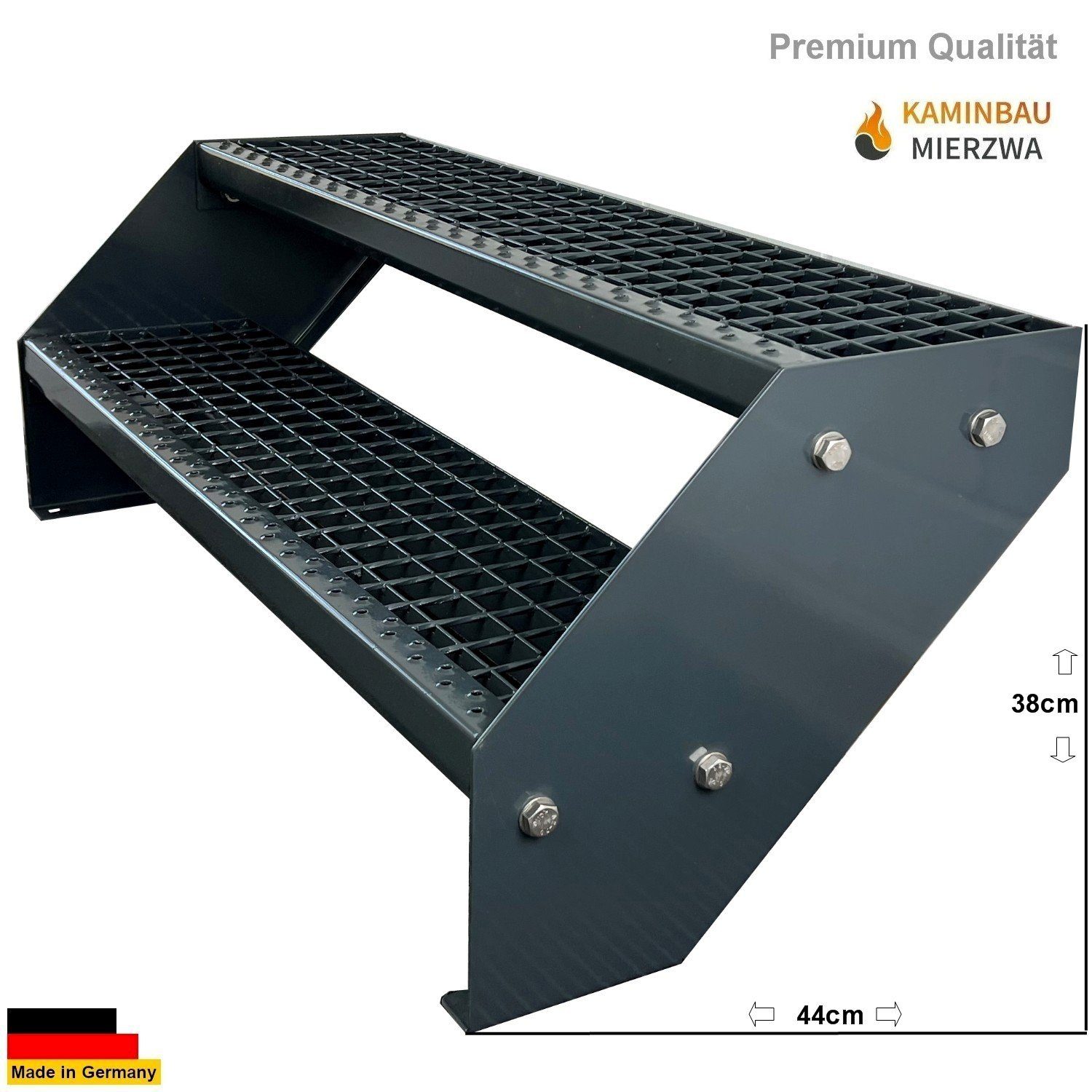 Kaminbau Mierzwa Außentreppe Premium Treppe Komplett Anthrazit Höhe Verstellbar, für Geschosshöhen bis 38 cm, Stufen Gitterroststufen nach DIN 24531, (Höhe 38 cm, Breite wählbar aus 60, 80, 100, 120, 140 cm), Gartentreppe Stahltreppe Wetterfest Rostfrei Feuer-Verzinkt Rutschfest