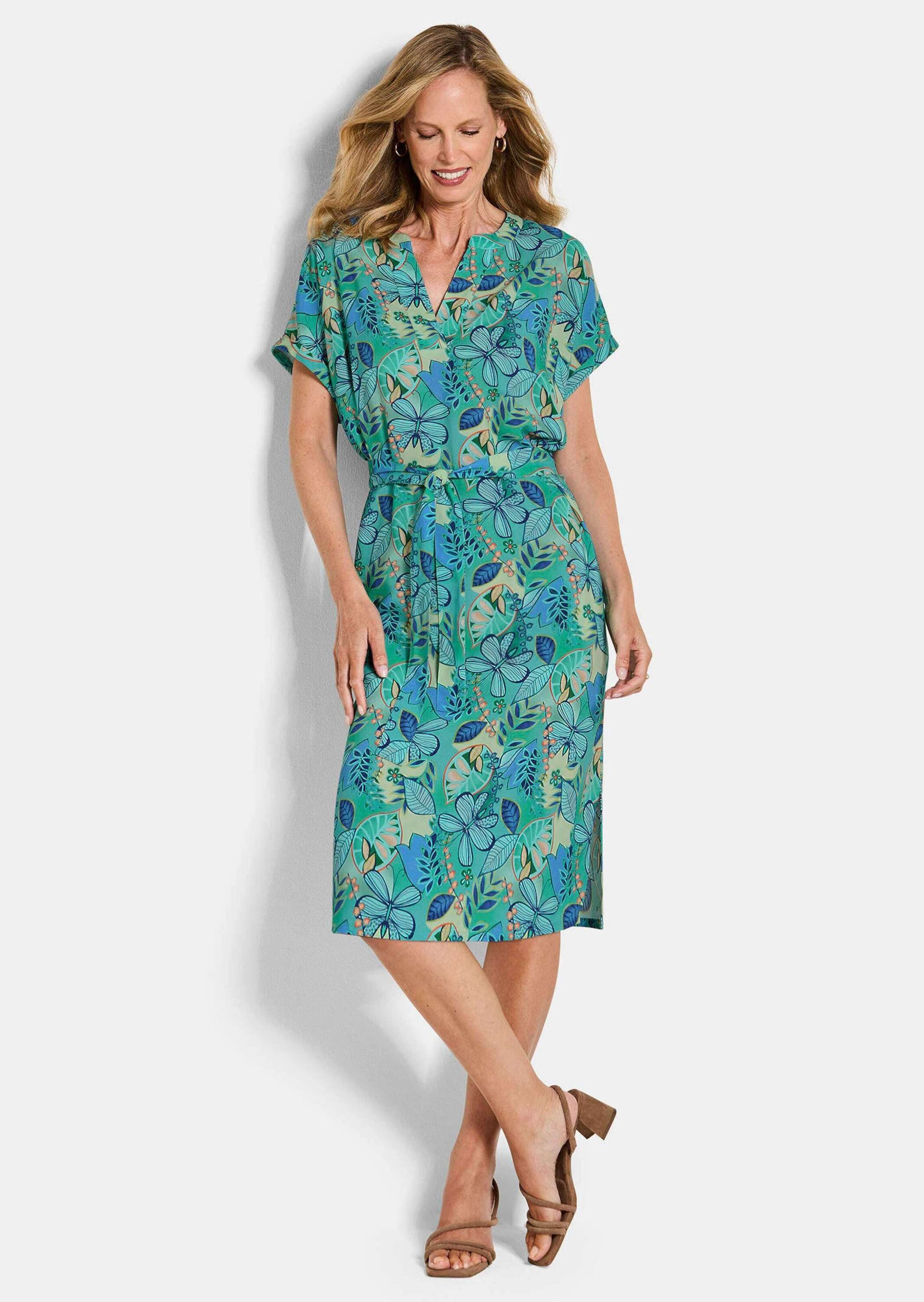 GOLDNER Sommerkleid Viskosekleid mit floralem Muster Sommerkleid mit V-Ausschnitt, Bindegürtel, Knielänge und Viertelarm